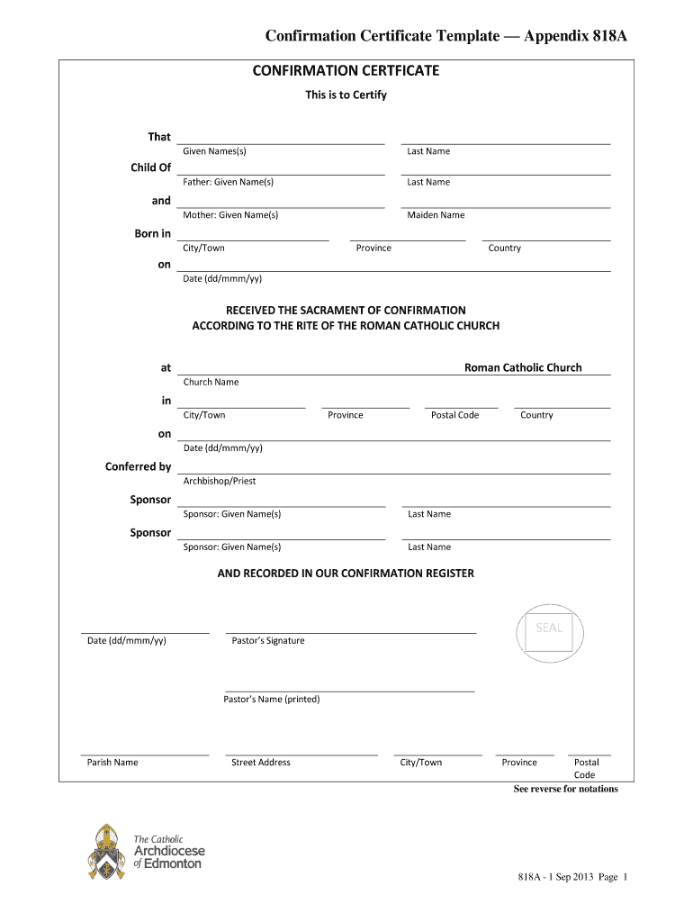 Confirmation Certificate Catholic Pdf: Fill Out &amp;amp; Sign Online | Dochub for FREE Printable Catholic Confirmation Certificate Template