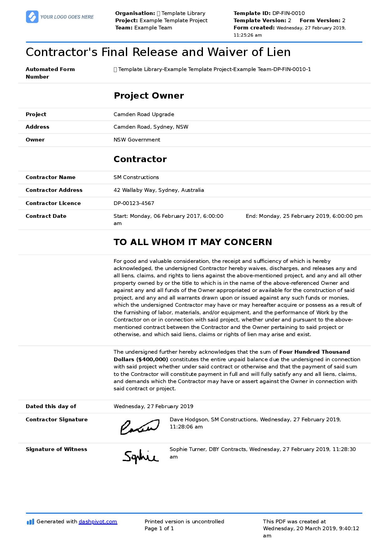 Construction Lien Waiver Form - Free Form Sample And Template intended for FREE Printable Contractor Waiver and Release Form