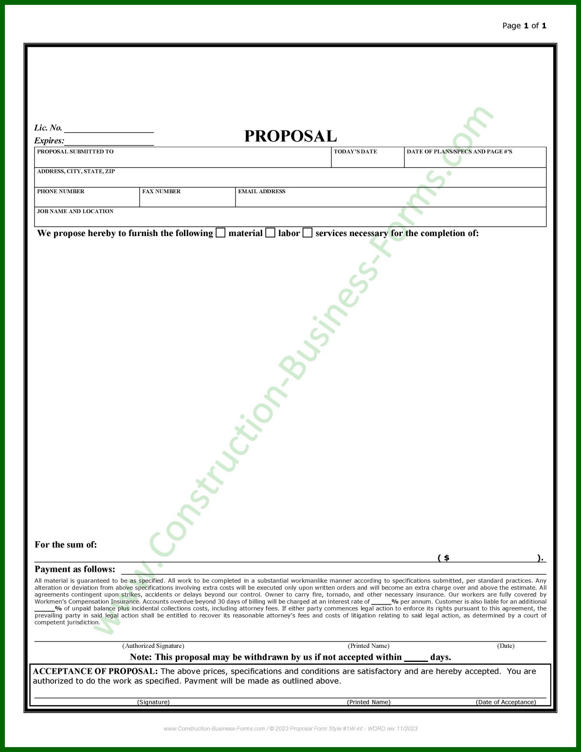 Construction Proposal Bid Template - Style #2 for FREE Printable Contractor Proposal Forms
