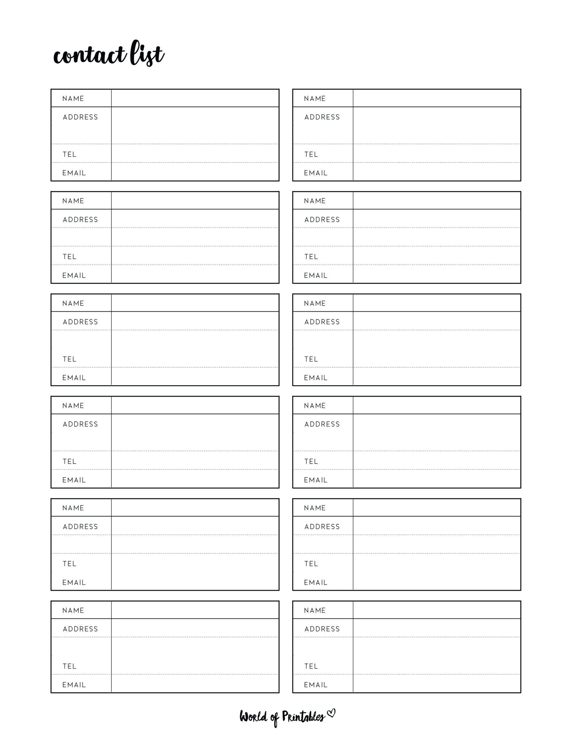 Contact List Templates - 12 Of The Best Styles - World Of Printables throughout FREE Printable Contact Information Sheet