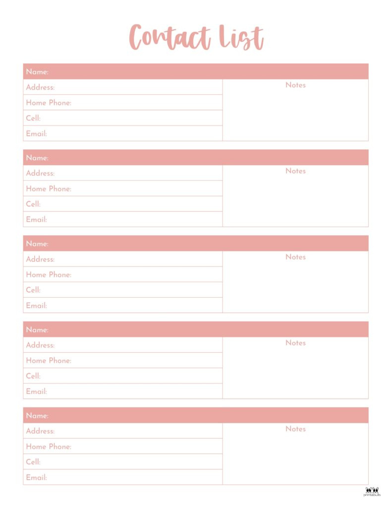 Contact List Templates - 20 Free Printables | Printabulls with FREE Printable Contact List Template