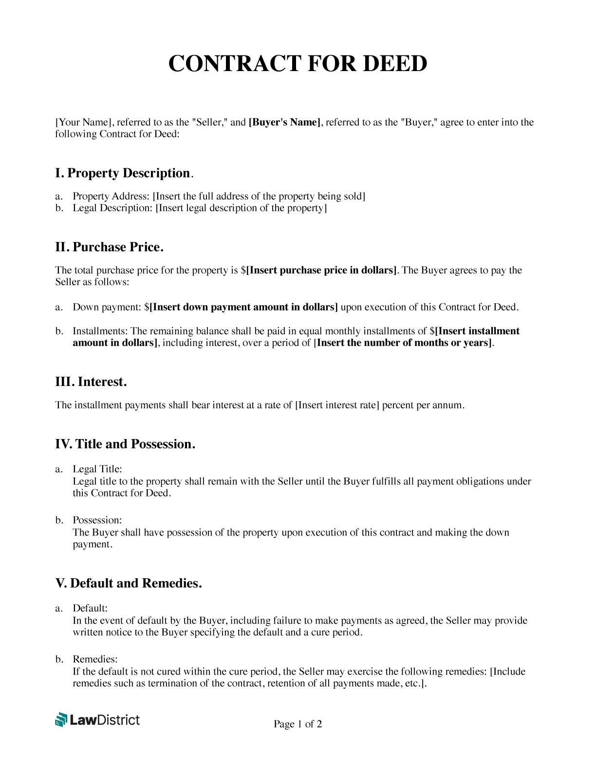 Contract For Deed - Land Contract Template | Lawdistrict with Free Printable Contract For Deed Forms