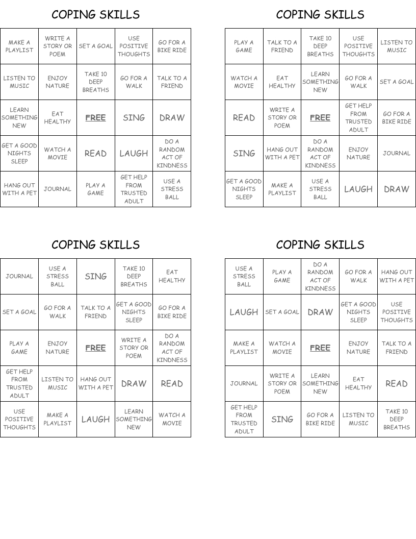 Coping Skills Bingo Cards - Wordmint pertaining to FREE Printable Coping Skills Bingo