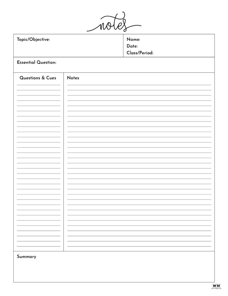 Cornell Notes Templates - 15 Free Printables | Printabulls with Free Printable Cornell Notes Template