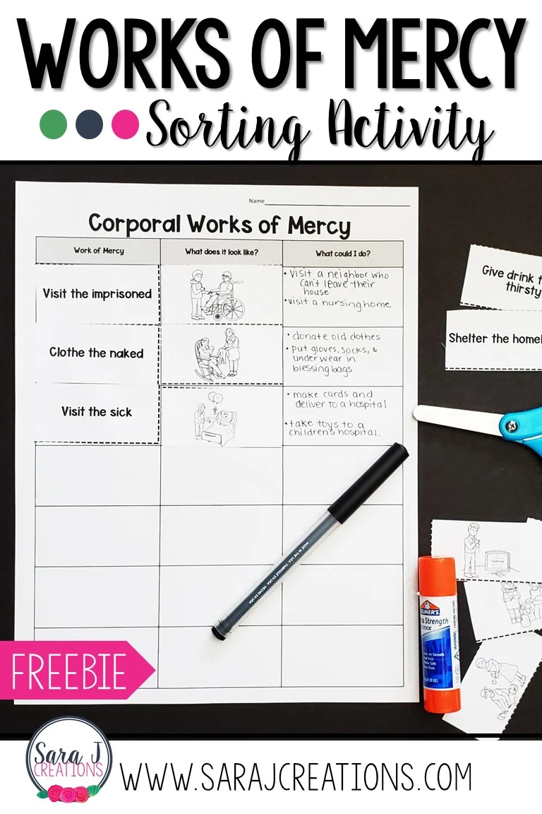 Corporal And Spiritual Works Of Mercy Sorting Activity | Sara J within Free Printable Corporal And Spiritual Works Of Mercy Worksheet