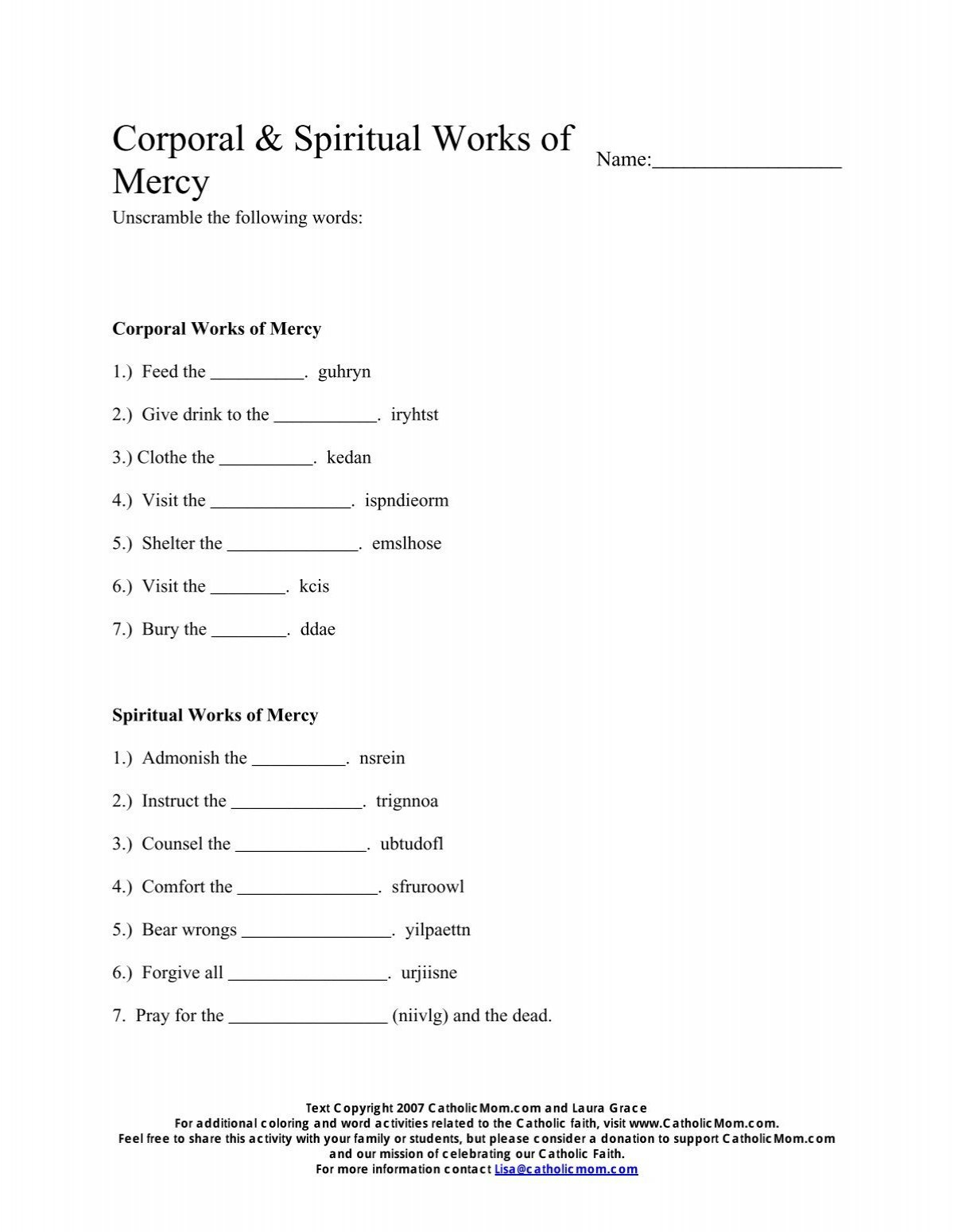 Corporal &amp;amp; Spiritual Works Of Mercy - Catholic Mom pertaining to Free Printable Corporal And Spiritual Works Of Mercy Worksheet