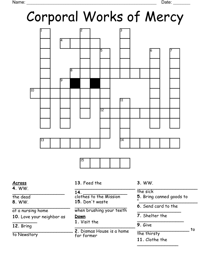 Corporal Works Of Mercy Crossword - Wordmint regarding Free Printable Corporal And Spiritual Works Of Mercy Worksheet