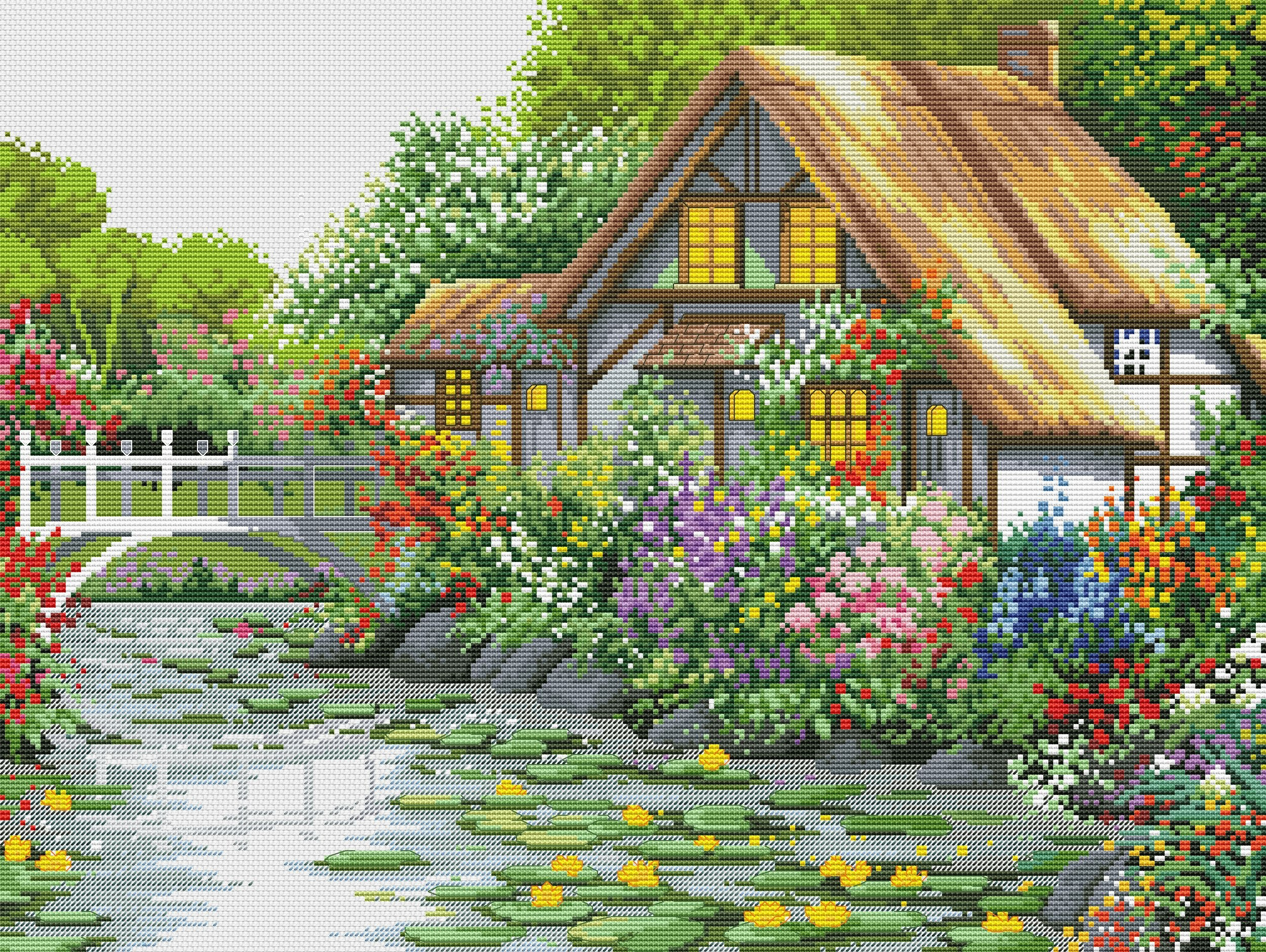 Cottage With Amazing Garden On The River/ Large Cross Stitch with regard to Free Printable Cross Stitch Patterns To Download