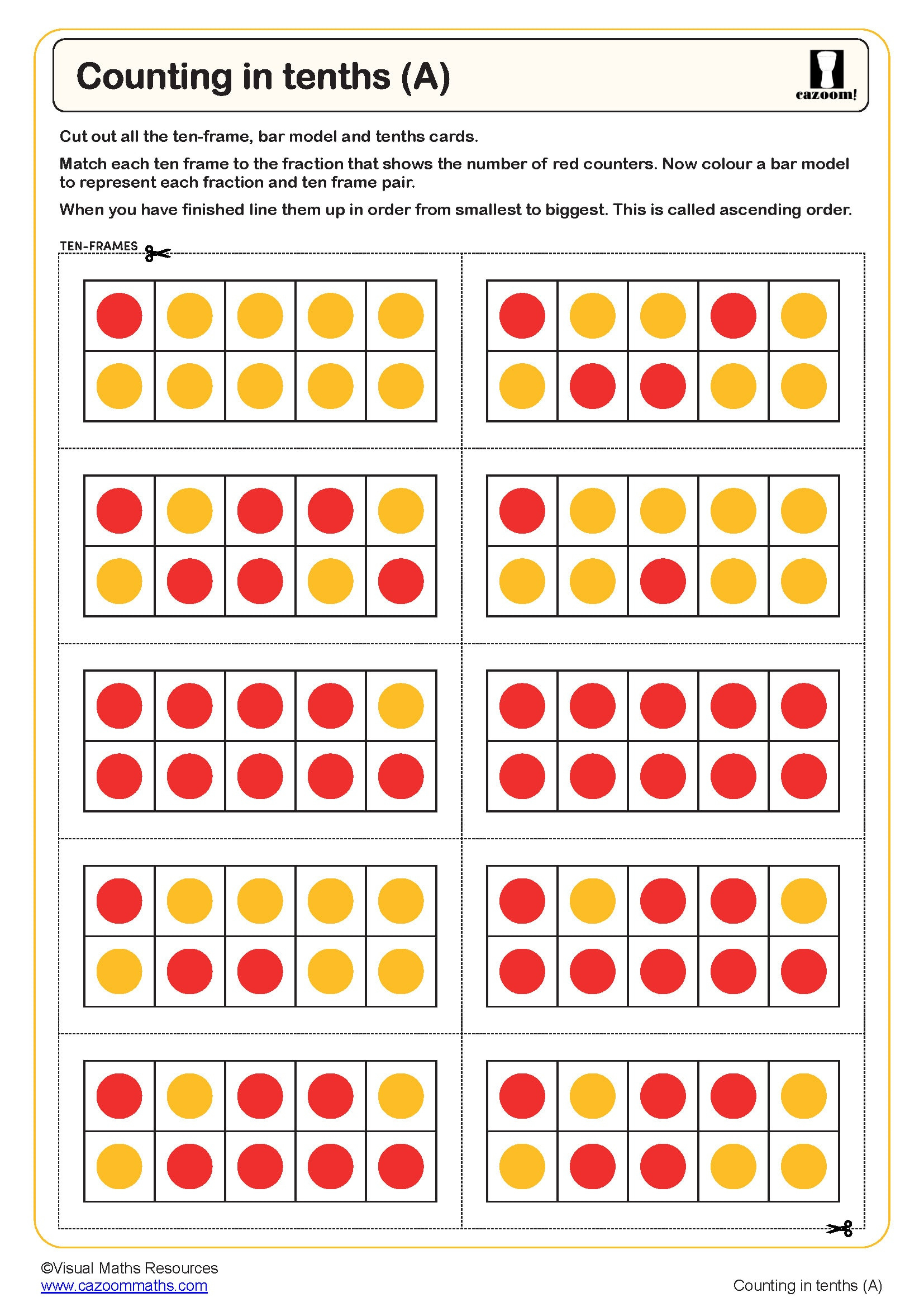 Counting In Tenths (A) Worksheet | Pdf Printable Number Worksheets with FREE Printable Counters For Math