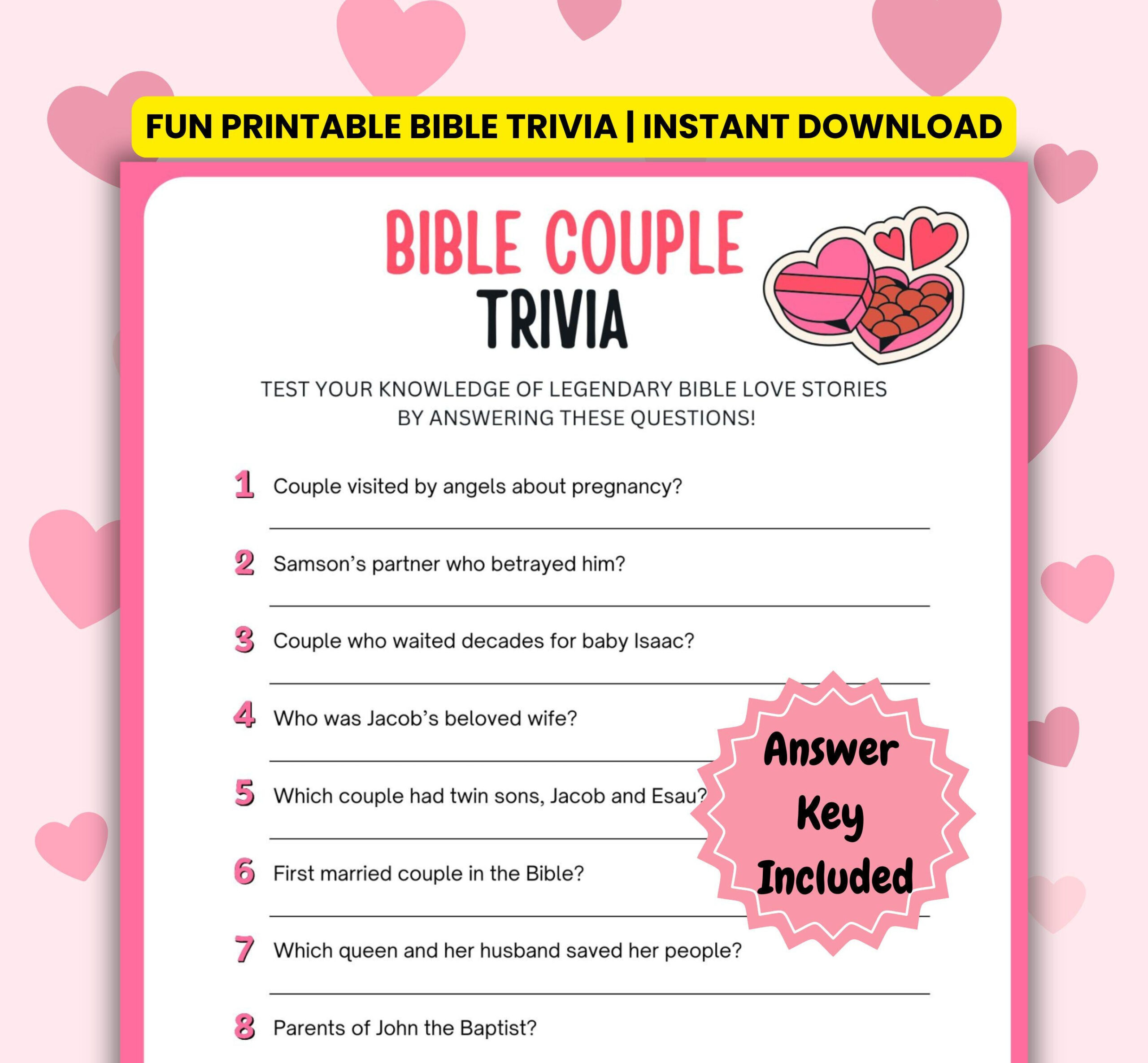 Couples Bible Trivia, Bible Trivia Game, Printable Bible Games, Bible Couples Game, Couples Of The Bible, Bible Game, Valentine Bible Trivia for FREE Printable Christian Games For Married Couples