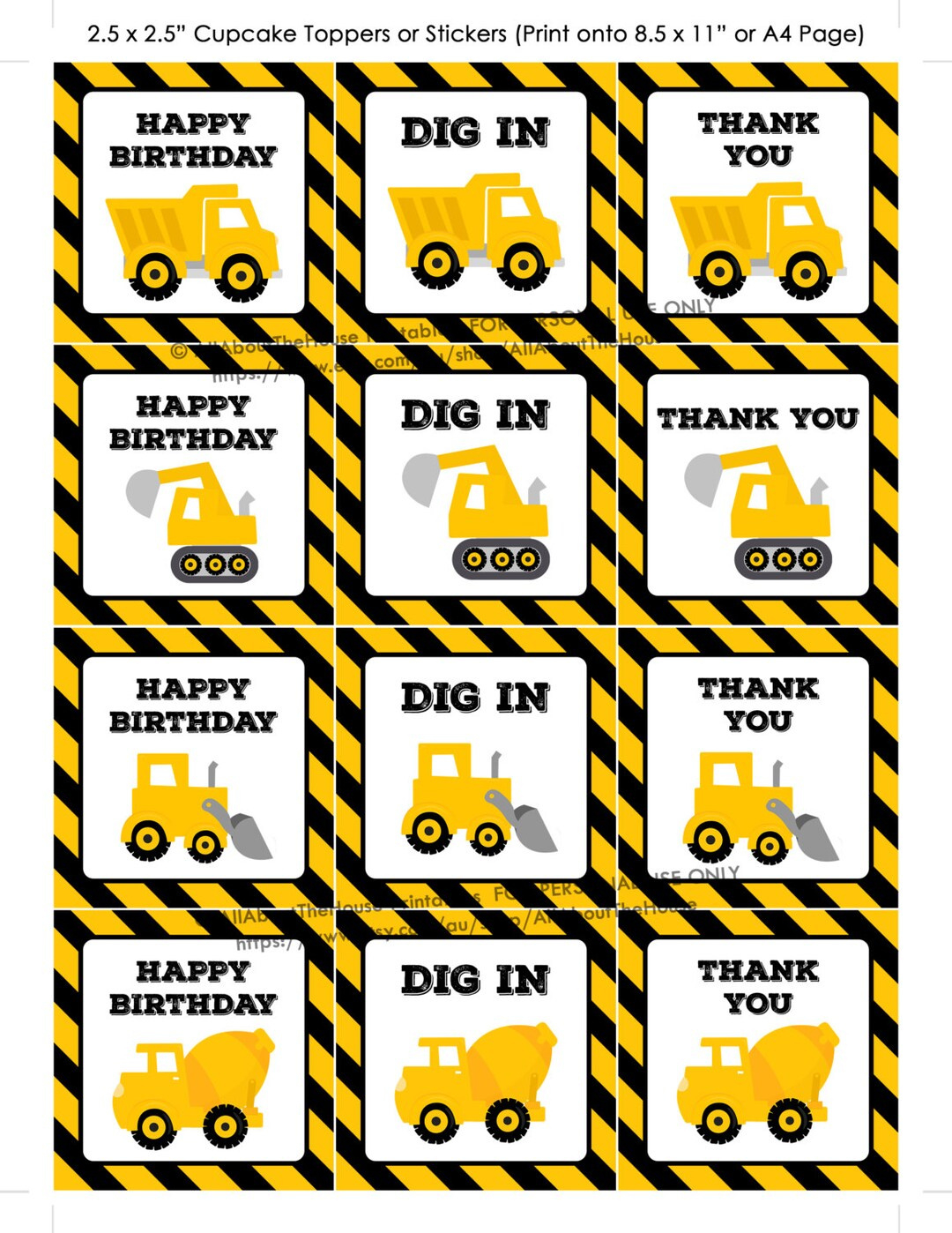 Cupcake Topper, Party Printable, Construction, Thank You, Hang Tag in Free Printable Construction Cupcake Toppers