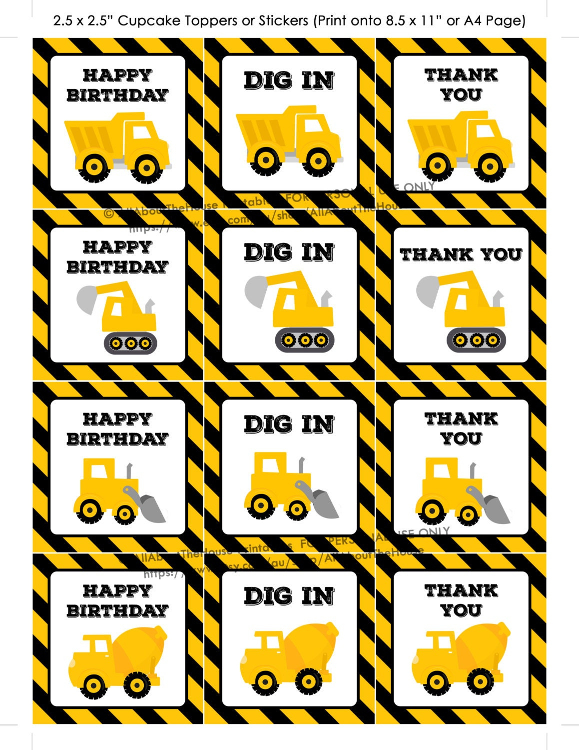 Cupcake Topper, Party Printable, Construction, Thank You, Hang Tag pertaining to Free Printable Construction Cake Toppers