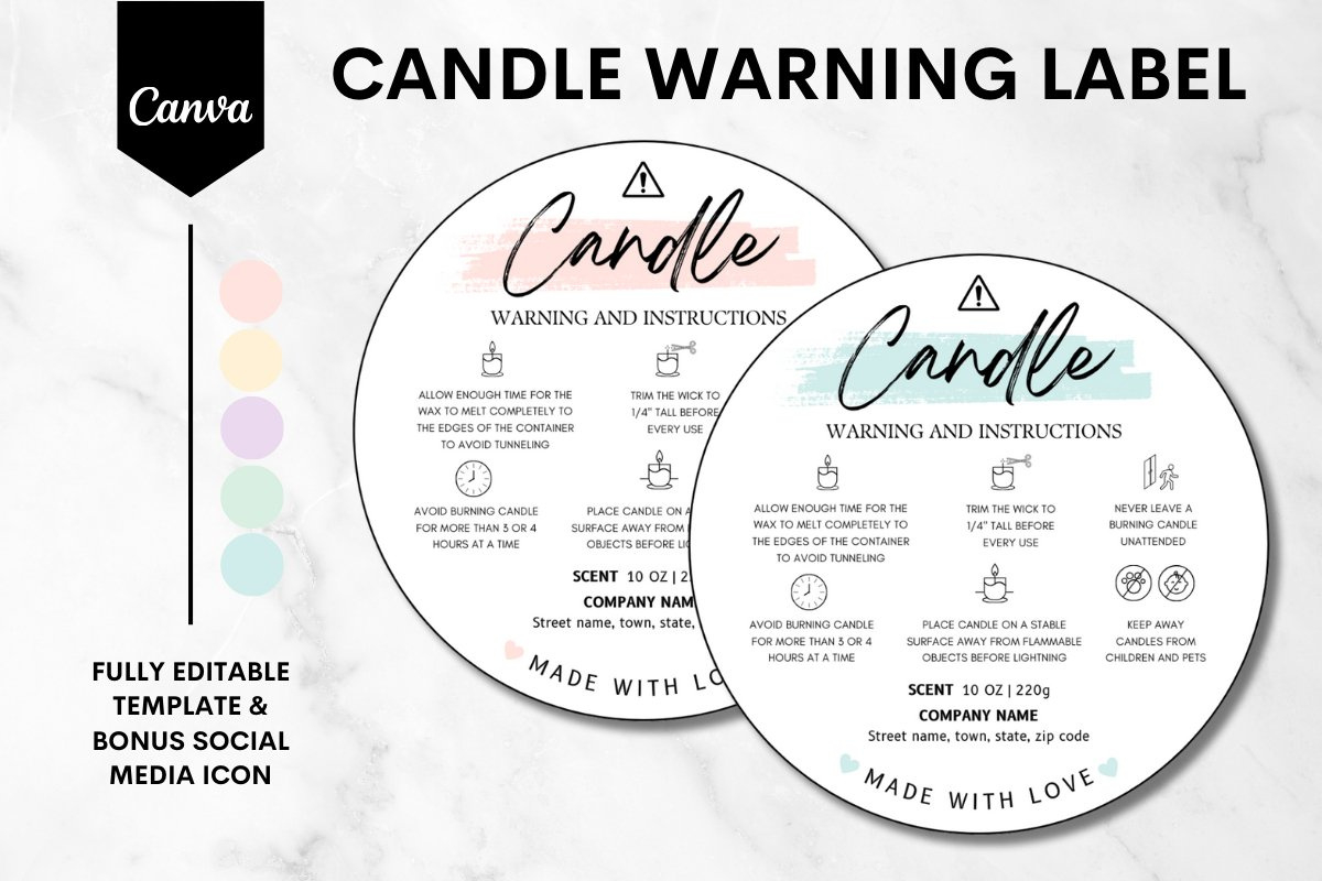 Custom Candle Warning Label Canva Template - 5 (3242598) regarding FREE Printable Candle Warning Label Text