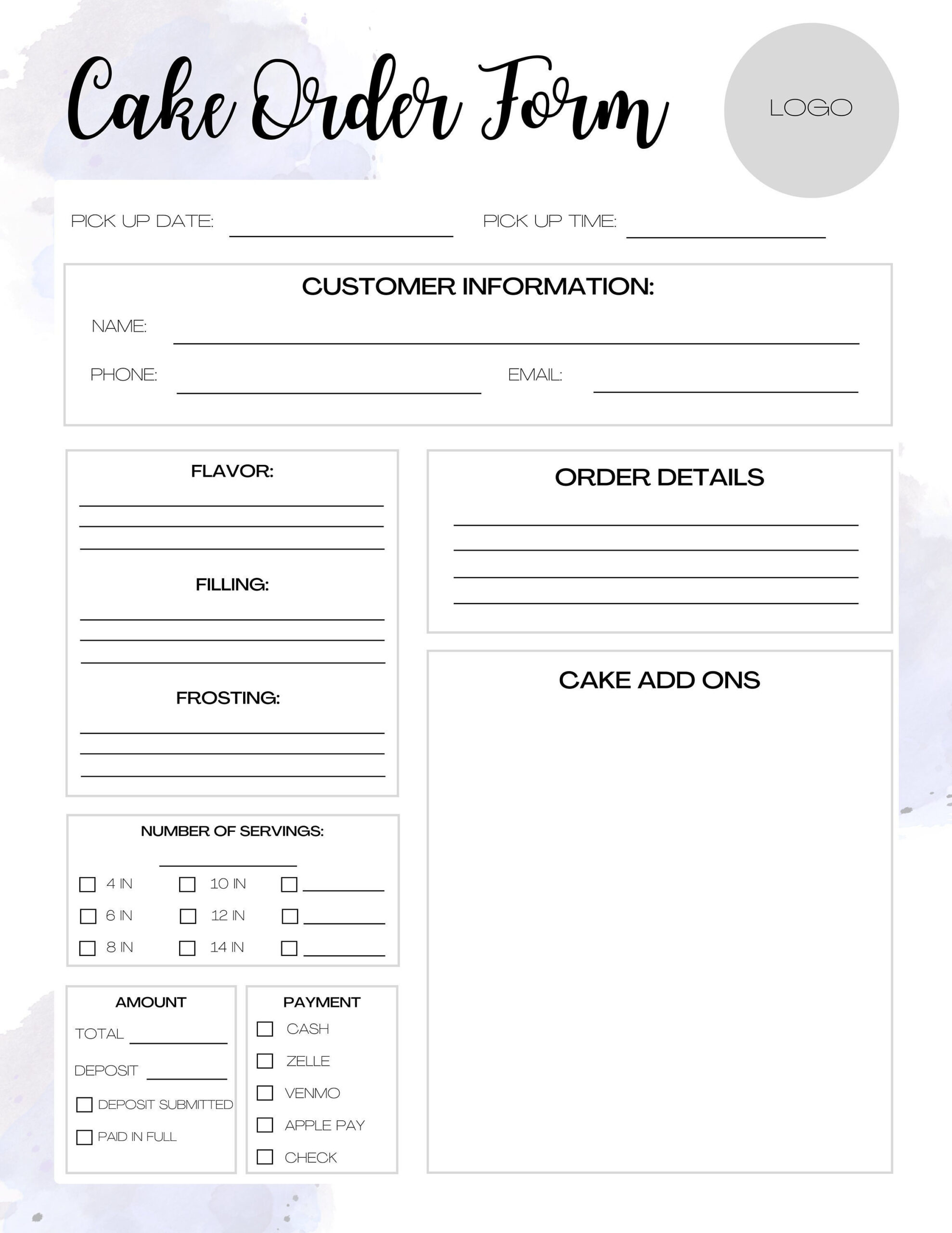 Customizable Cake Order Form, Order Form Template, Printable Order with FREE Printable Cake Order Form Template
