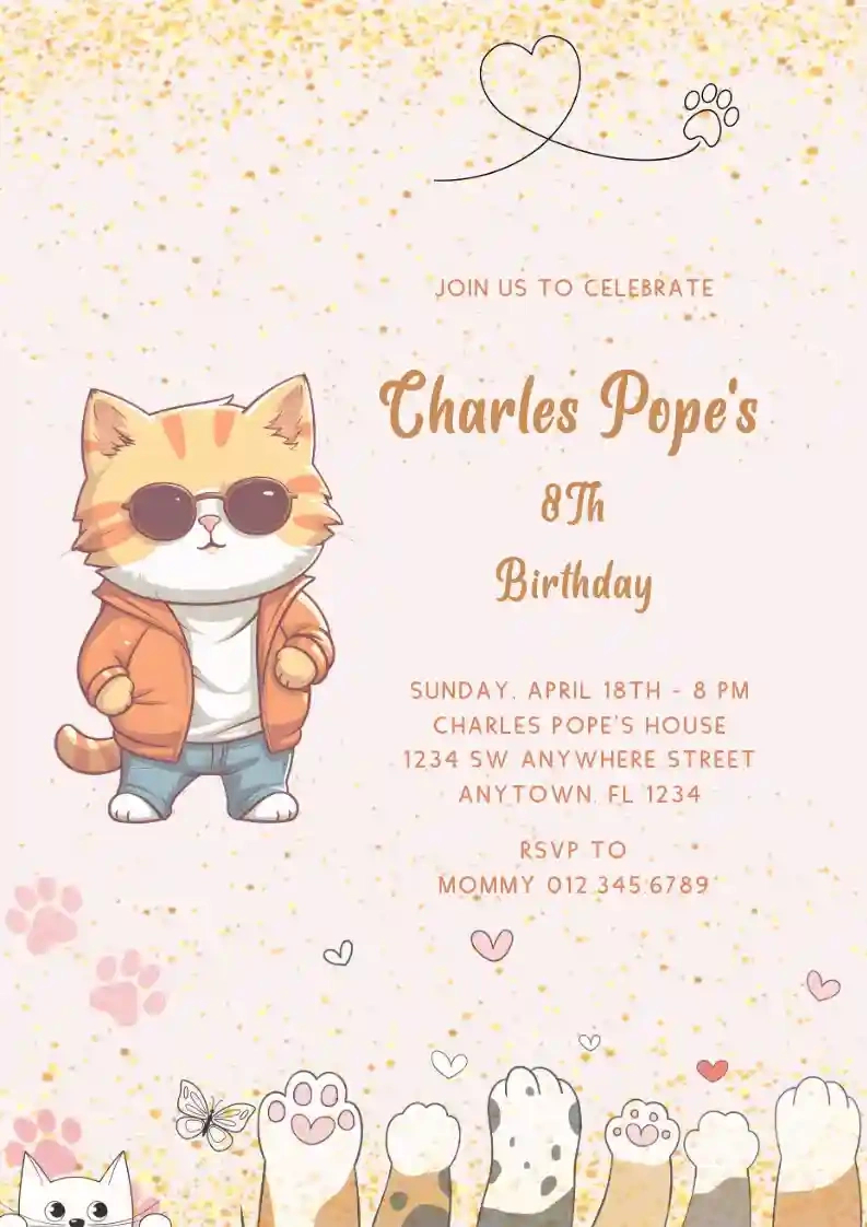 Cute Orange Cat - Free Kids Birthday Invitation Templates | Invitanku intended for FREE Printable Cat Birthday Invitations