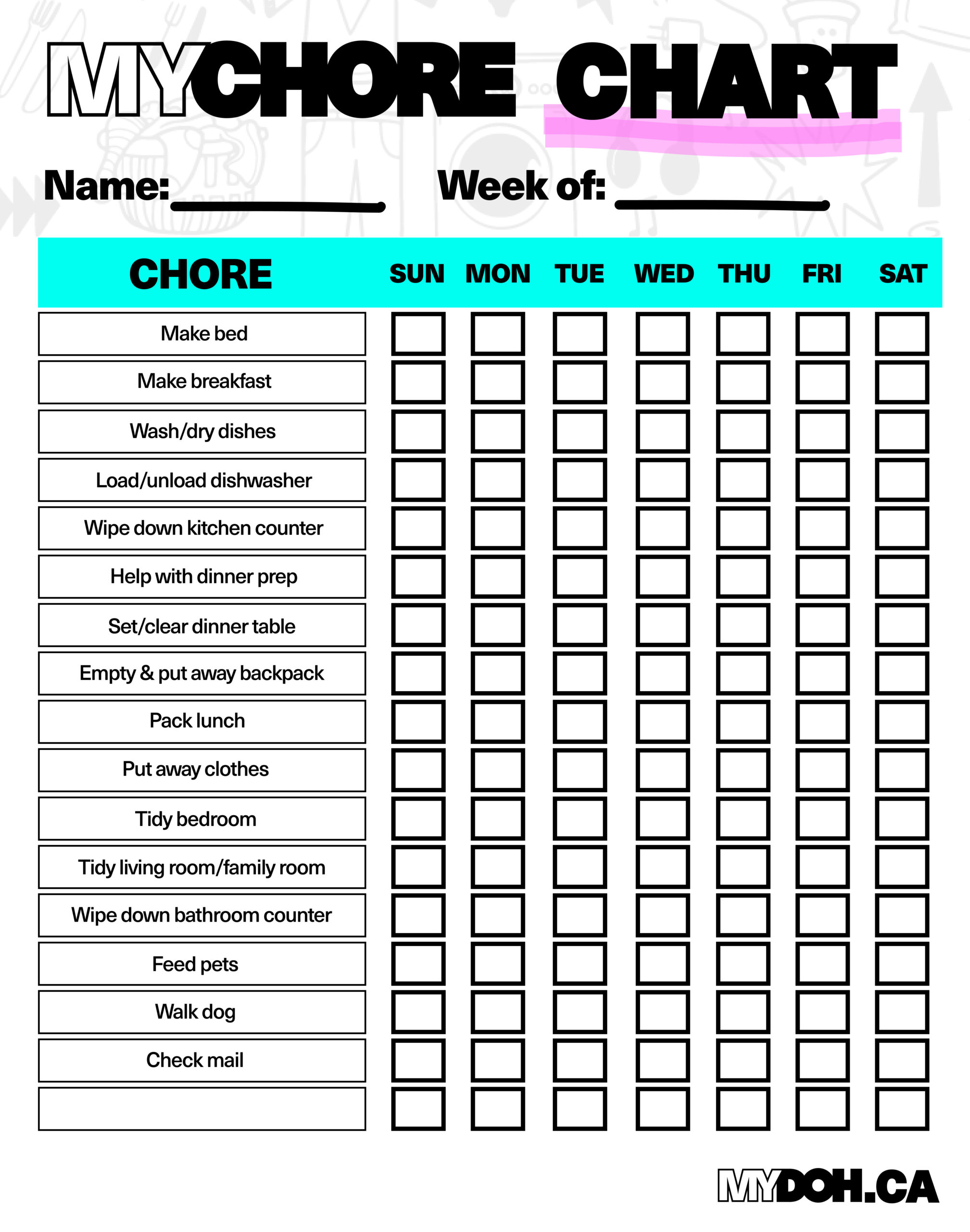Daily Chores For Teens And Tweens | Mydoh with regard to Free Printable Chore Chart For Teens