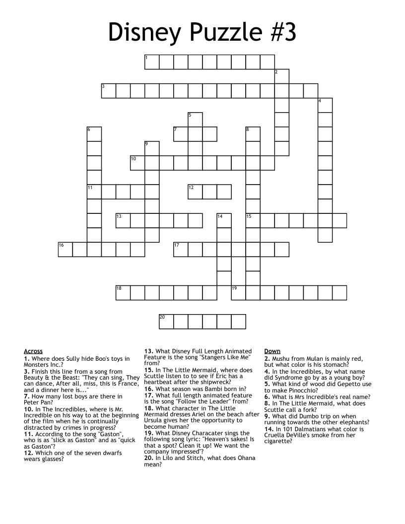 Disney Puzzle #3 Crossword - Wordmint throughout Free Printable Crossword Puzzle #3