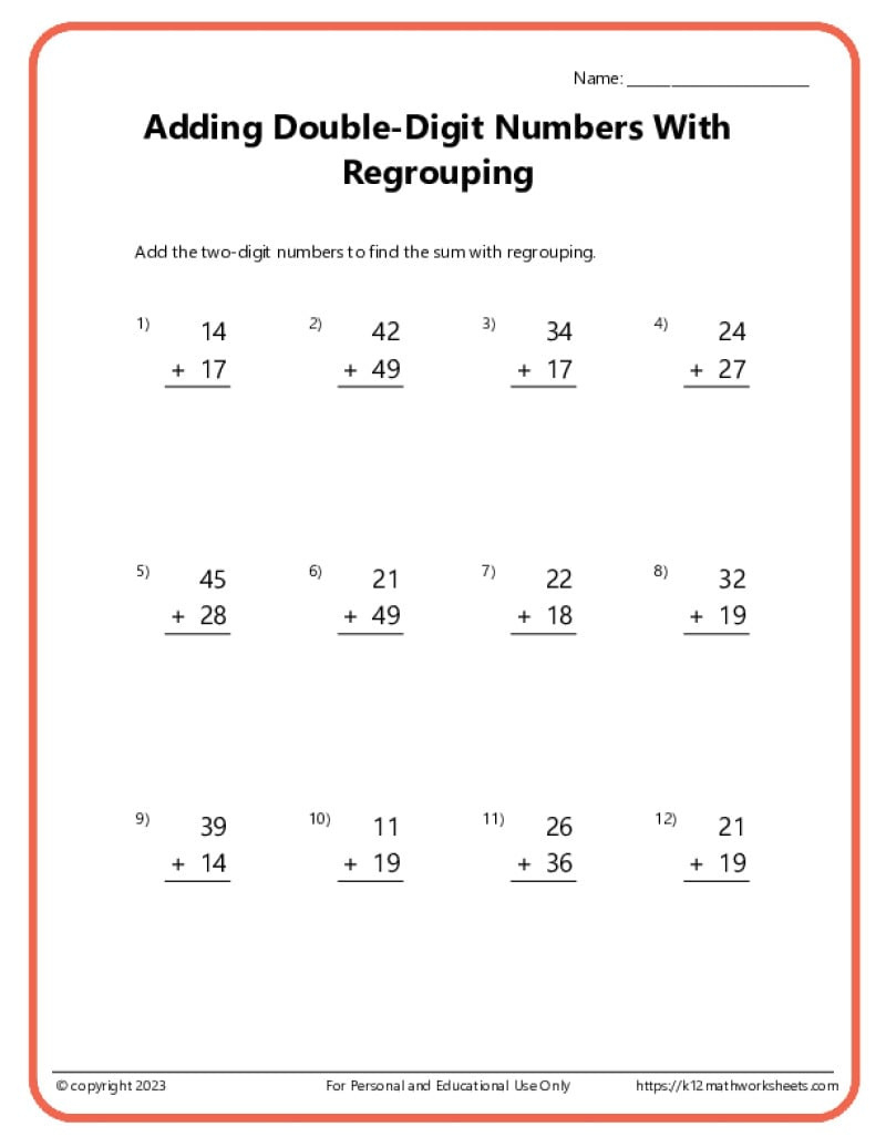 Double Digit Addition With Regrouping Worksheets intended for Free Printable Column Addition Worksheets