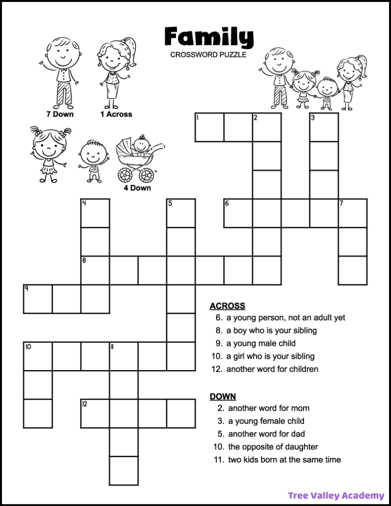 Easy Family Crossword Puzzle - Tree Valley Academy regarding Free Printable Crossword Puzzles For Elementary Students