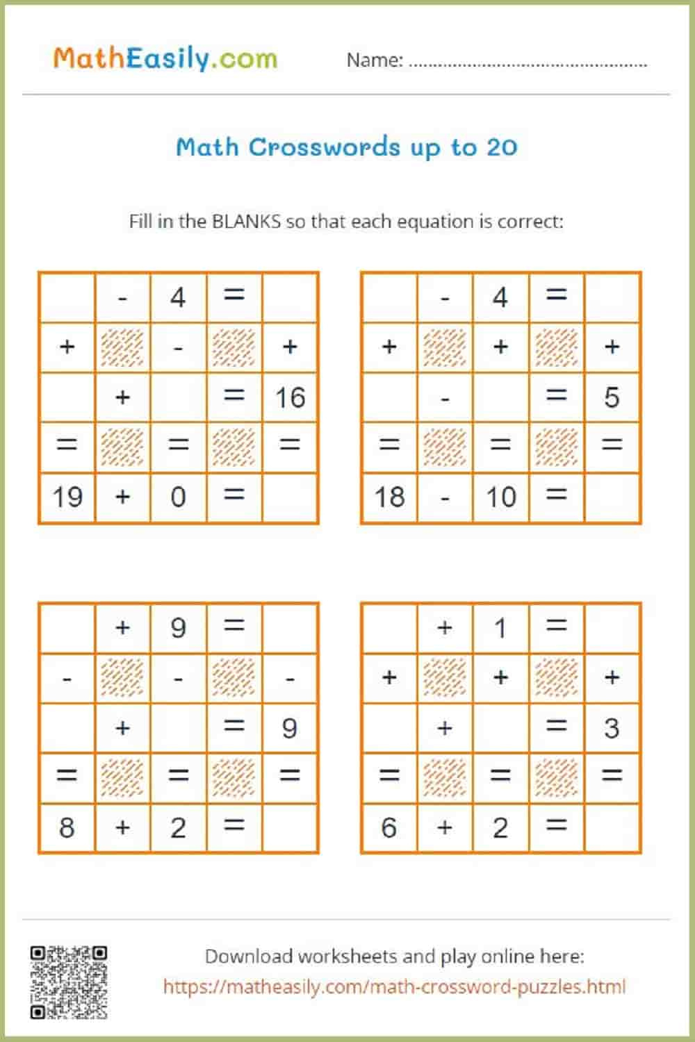 Easy Math Crossword Puzzles: Addition And Subtraction regarding Free Printable Cross Number Puzzles