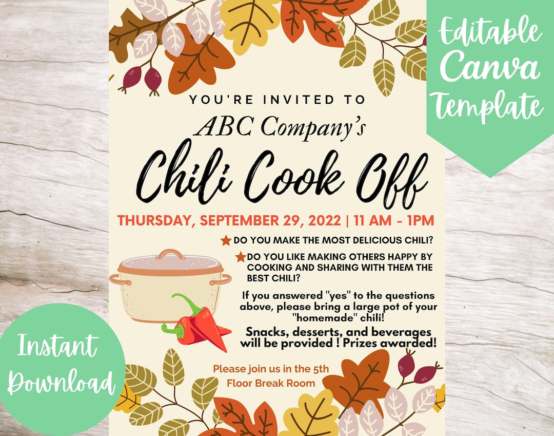 Editable And Printable Office Chili Cook Off Invitation Flyer with Free Printable Chili Cook Off Flyers