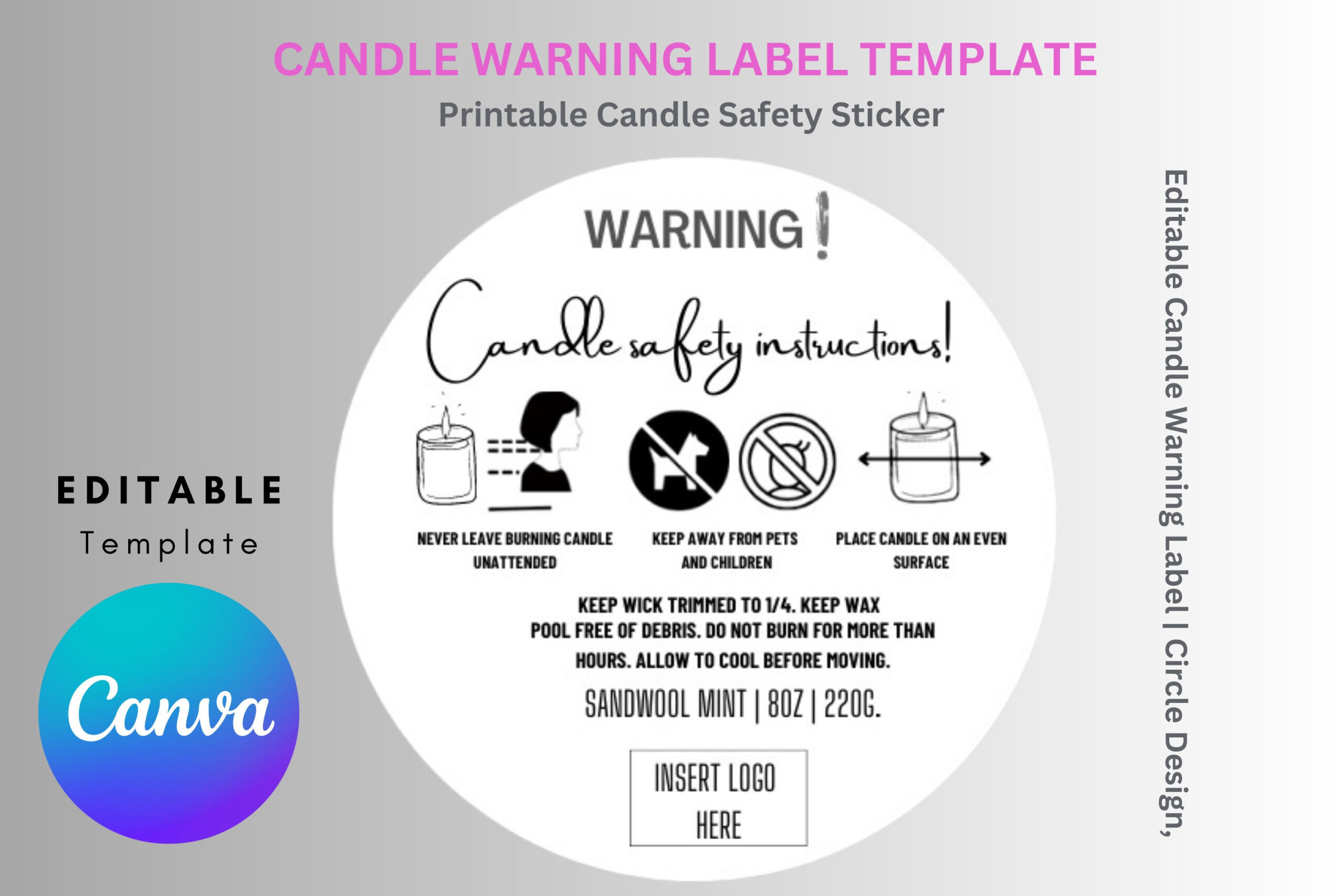 Editable Candle Warning Label Template: Circle Design (Canva inside FREE Printable Candle Warning Label Text