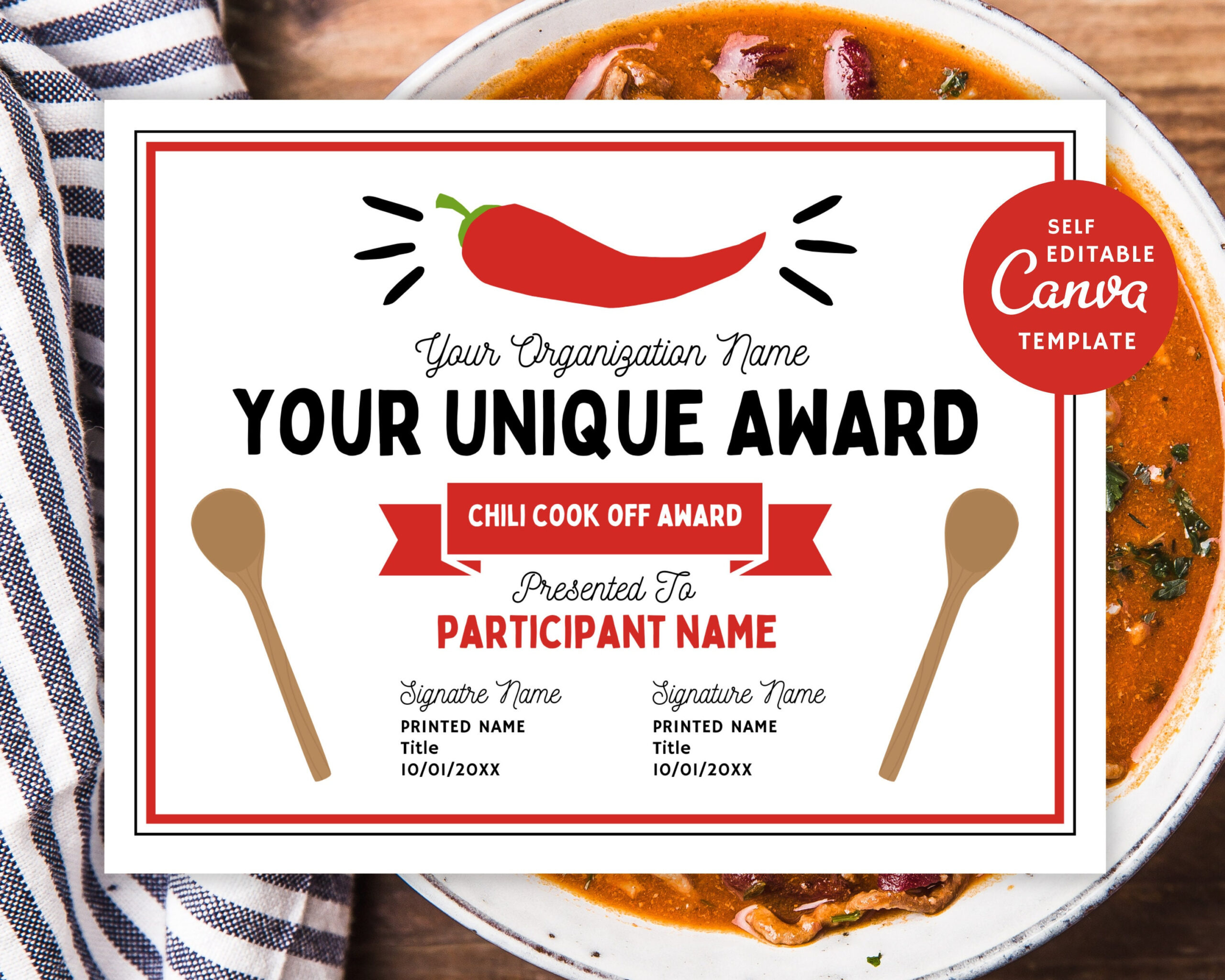 Editable Chili Certificate Template Printable, Edit Cook Off Award intended for Free Printable Chili Cook Off Award Certificate Template