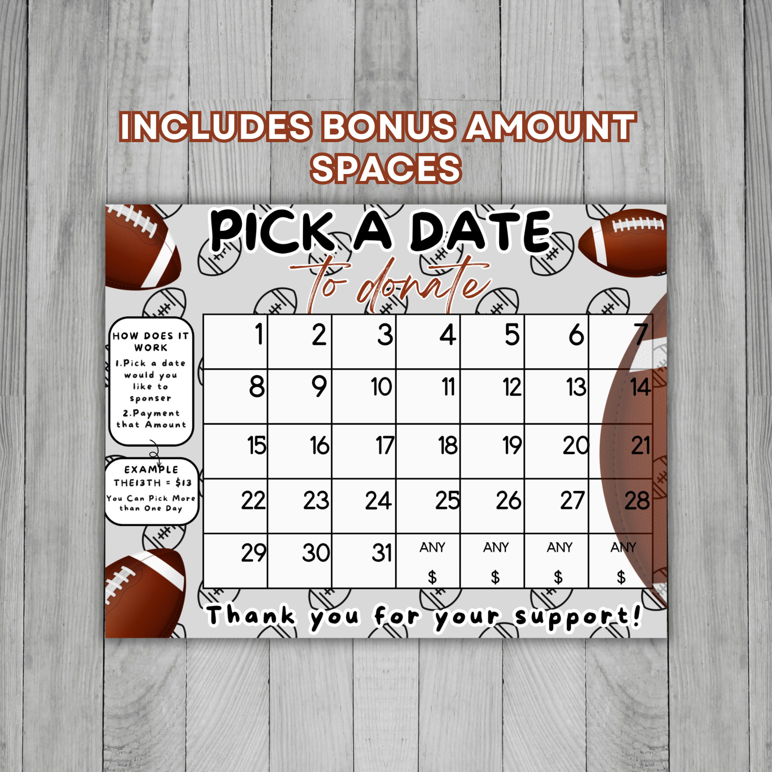 Editable Football Fundraiser Calendar, Pick A Date To Donate, Football Calendar Fundraiser, Football Fundraiser Template, Football Flyer inside FREE Printable Calendar Fundraiser Template