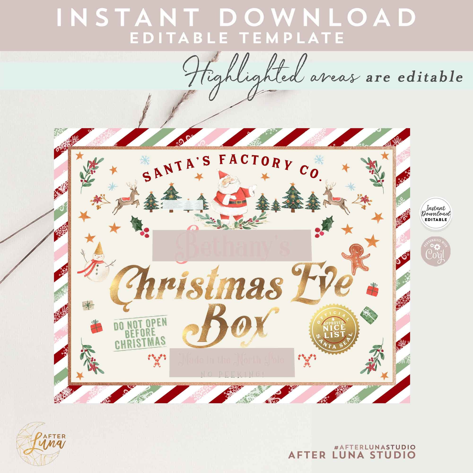 Editable Personalized Pink Christmas Eve Box Label Printable for FREE Printable Christmas Eve Box Label Template