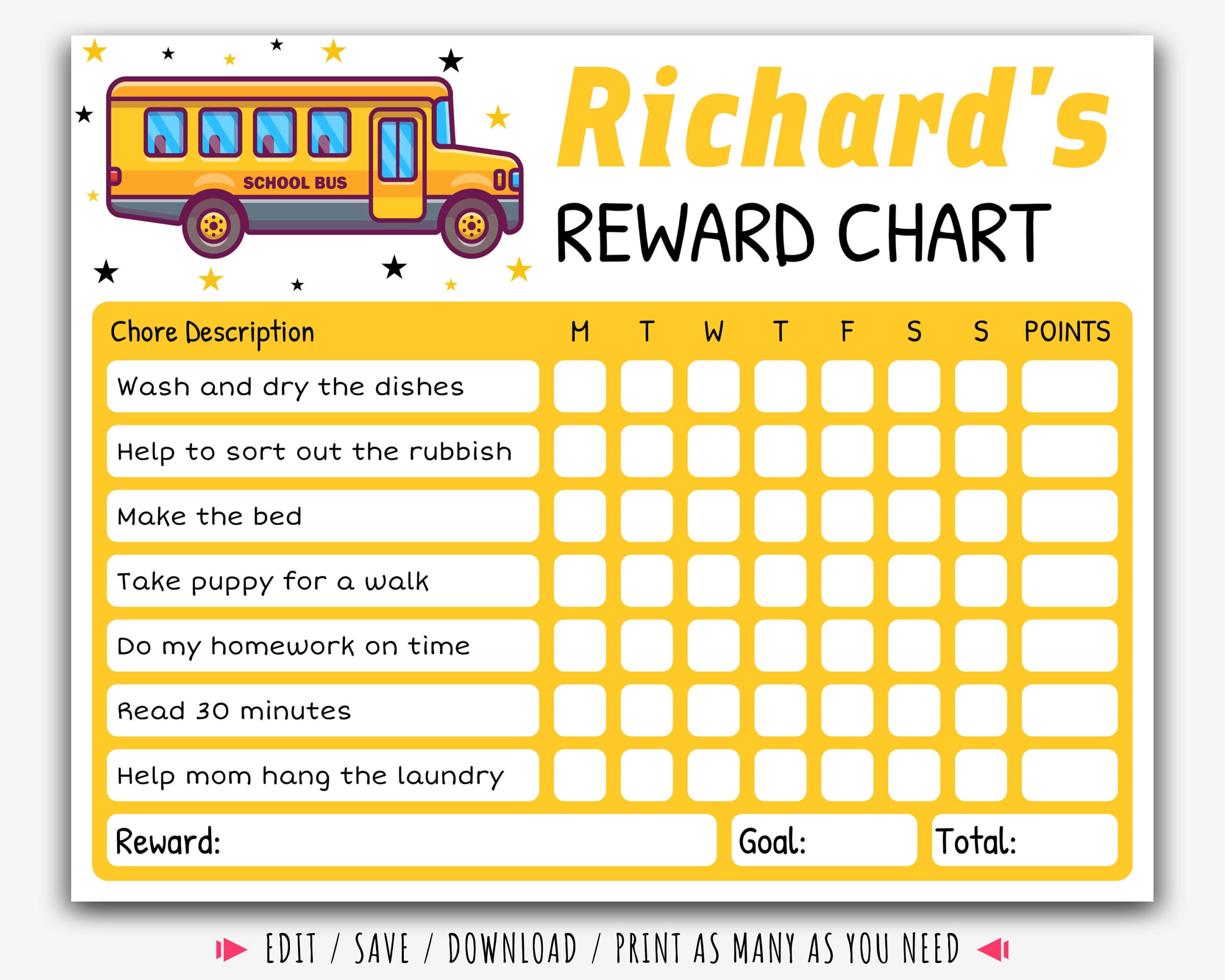Editable School Bus Reward Chart, Behavior Chart, Daily Chore with regard to FREE Printable Bus Behavior Charts