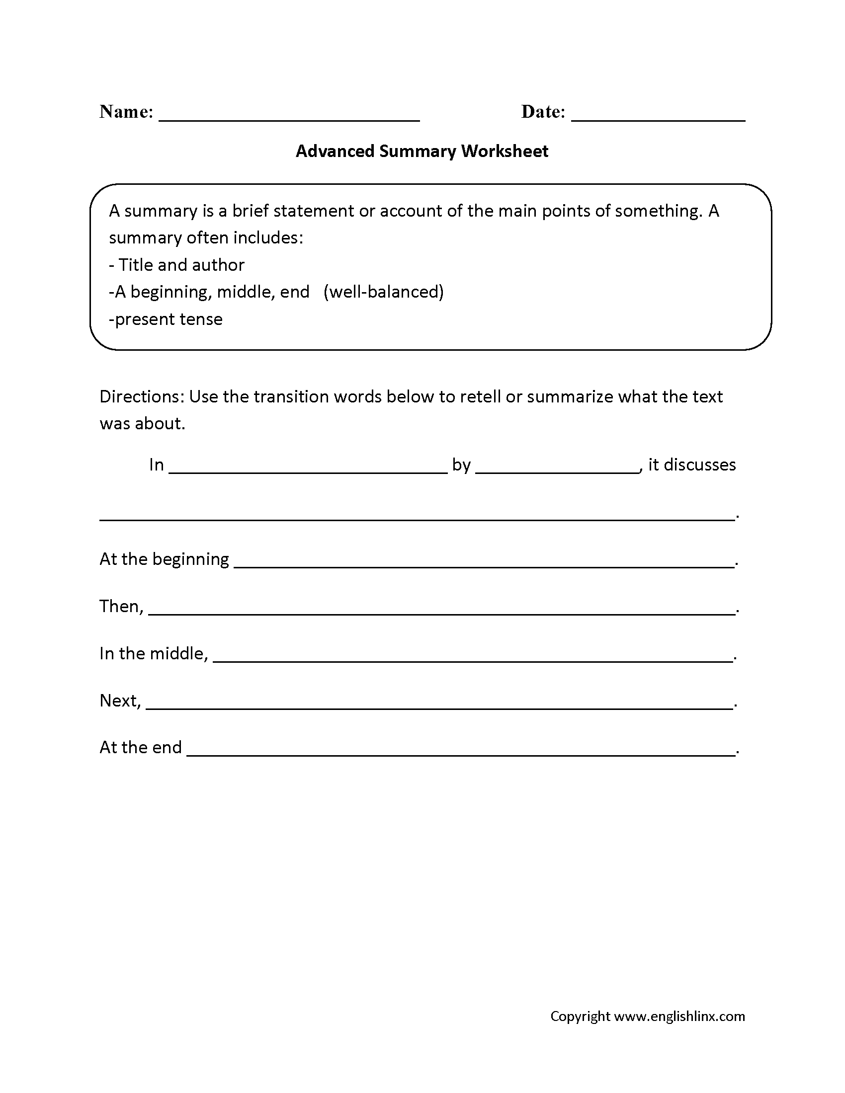 Englishlinx | Summary Worksheets within Free Printable Chapter Summary Worksheet