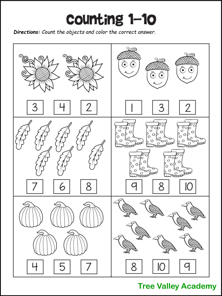Fall Math Worksheets For Kindergarten, Preschool &amp;amp; 1St Grade throughout FREE Printable Counting Worksheets 1-10