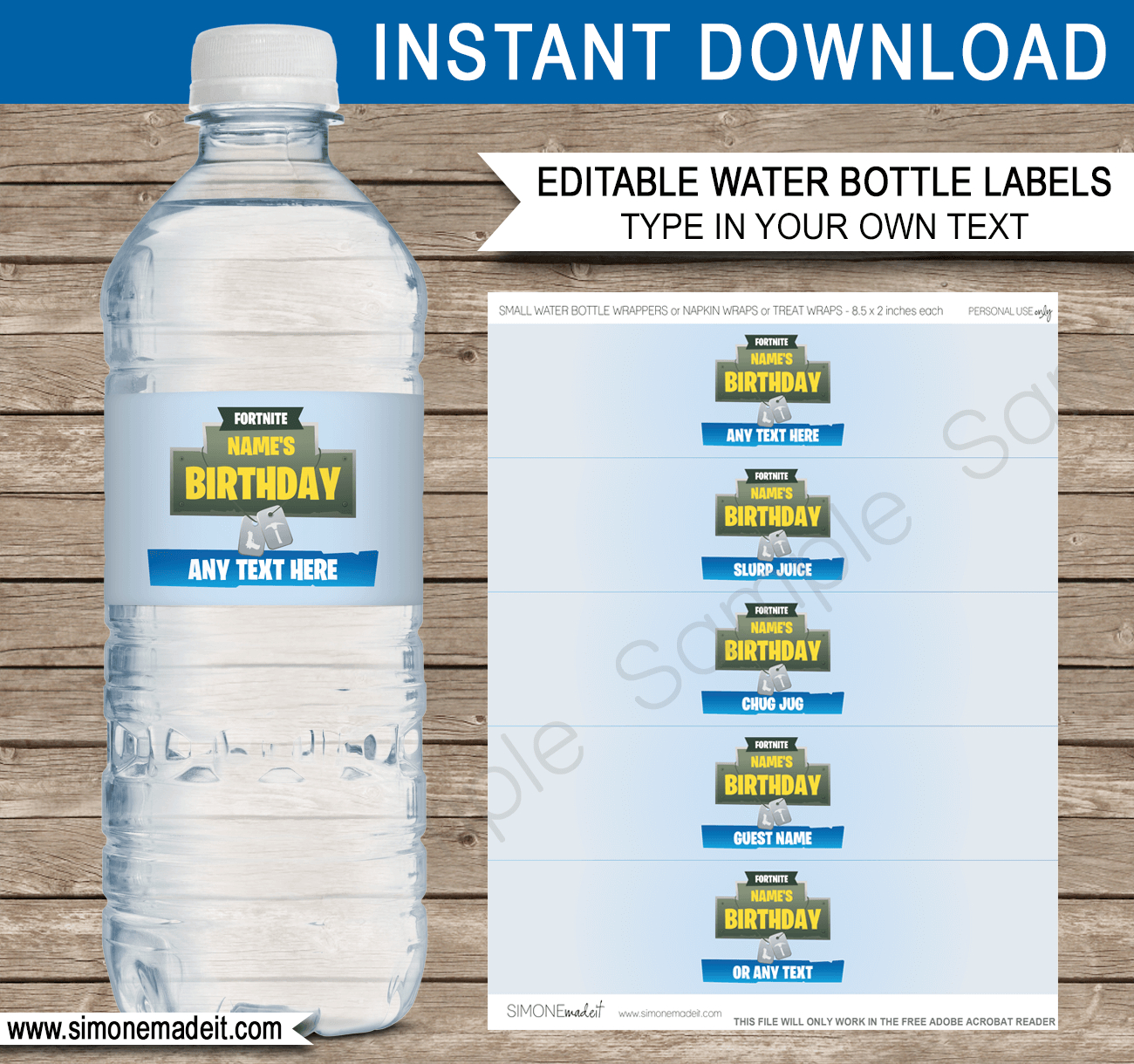 Fortnite Party Water Bottle Labels Template - Blue within Free Printable Chug Jug Label