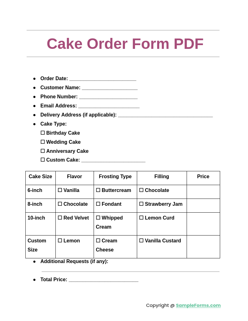 Free 14+ Cake Order Form Samples, Pdf, Ms Word, Google Docs, Excel in FREE Printable Cake Order Forms