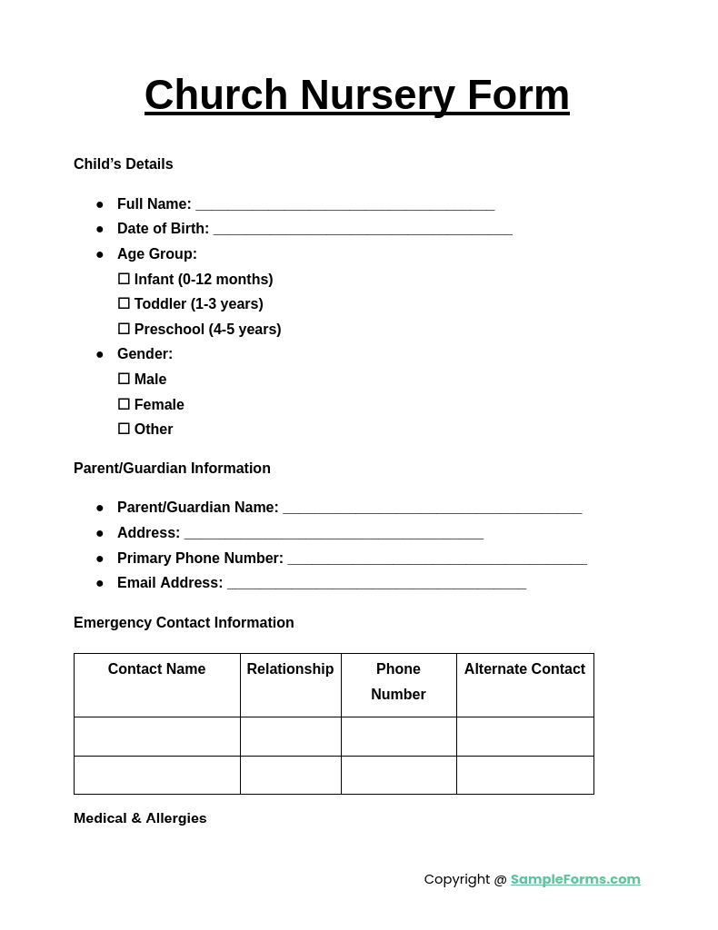 Free 34+ Nursery Form Samples, Pdf, Ms Word, Google Docs throughout Free Printable Church Nursery Forms