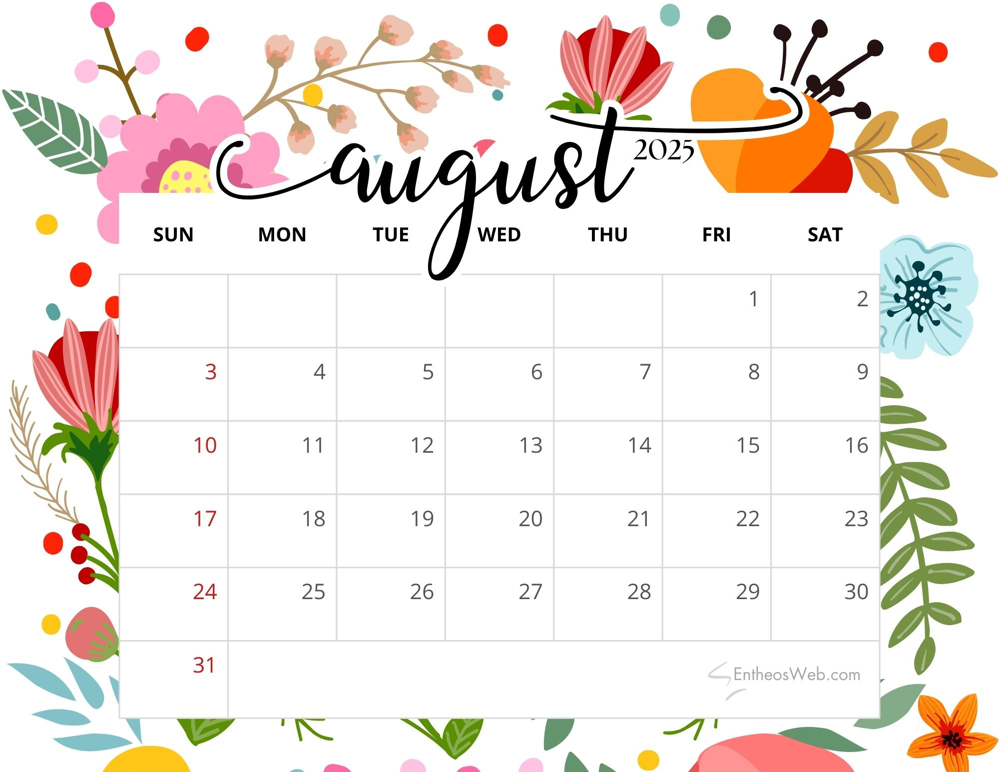 Free August 2025 Printable Calendars | Entheosweb regarding FREE Printable Calendar August 2025