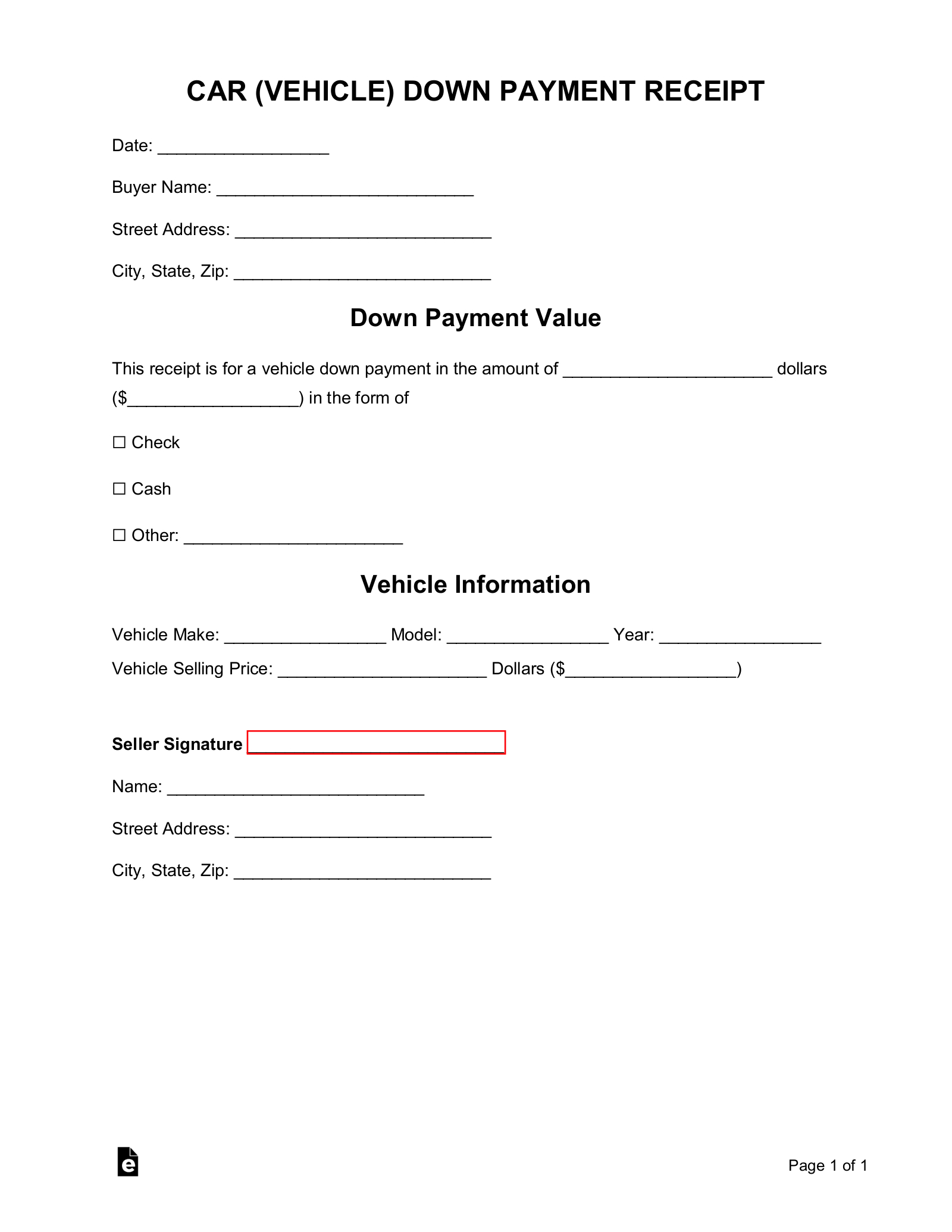 Free Car (Vehicle) Down Payment Receipt Template - Pdf | Word – Eforms pertaining to FREE Printable Car Payment Agreement Template