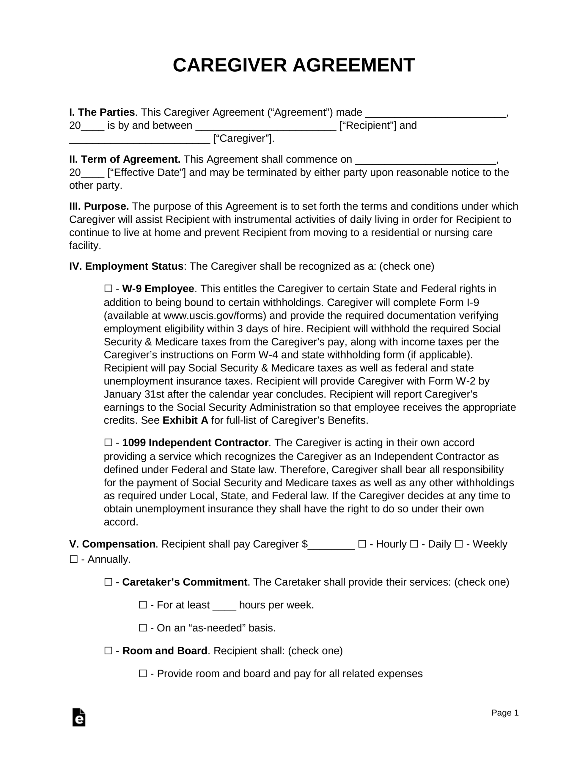 Free Caregiver Agreement Template - Pdf | Word – Eforms throughout Free Printable Caregiver Contract Template