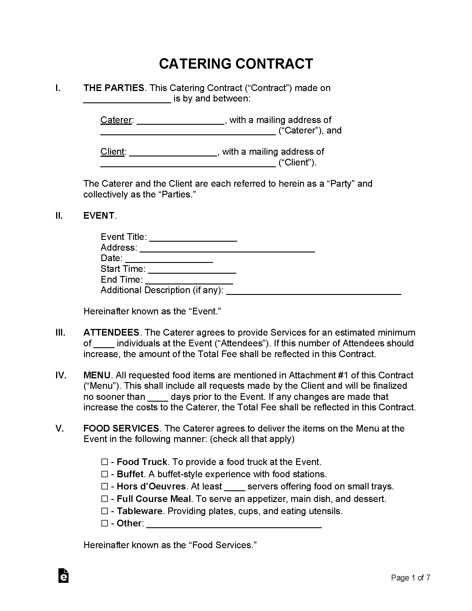 Free Catering Contract Template | Sample - Pdf | Word – Eforms for Free Printable Catering Contract Forms