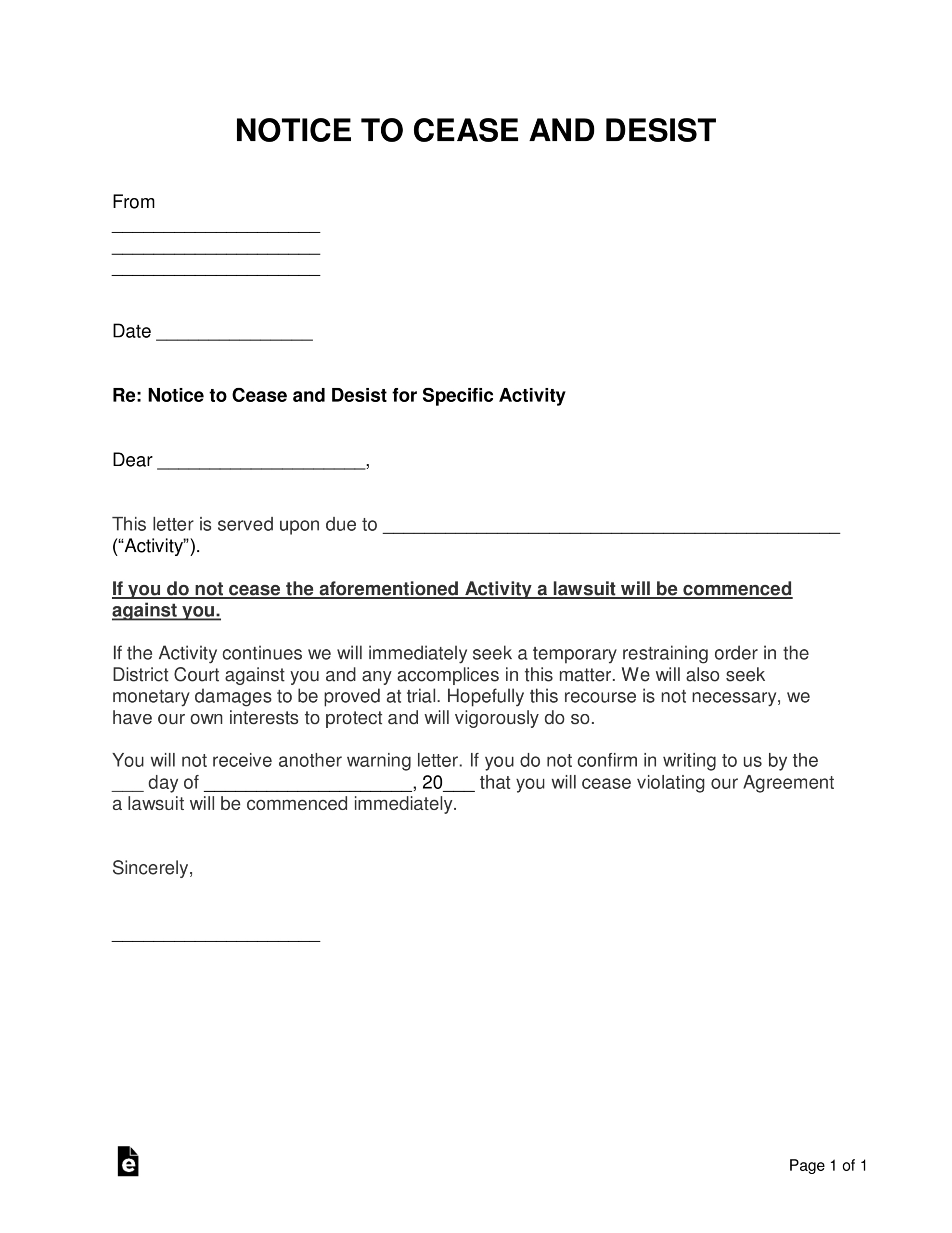Free Cease And Desist Letter Templates (9) - Pdf | Word – Eforms inside Free Printable Cease And Desist Letter