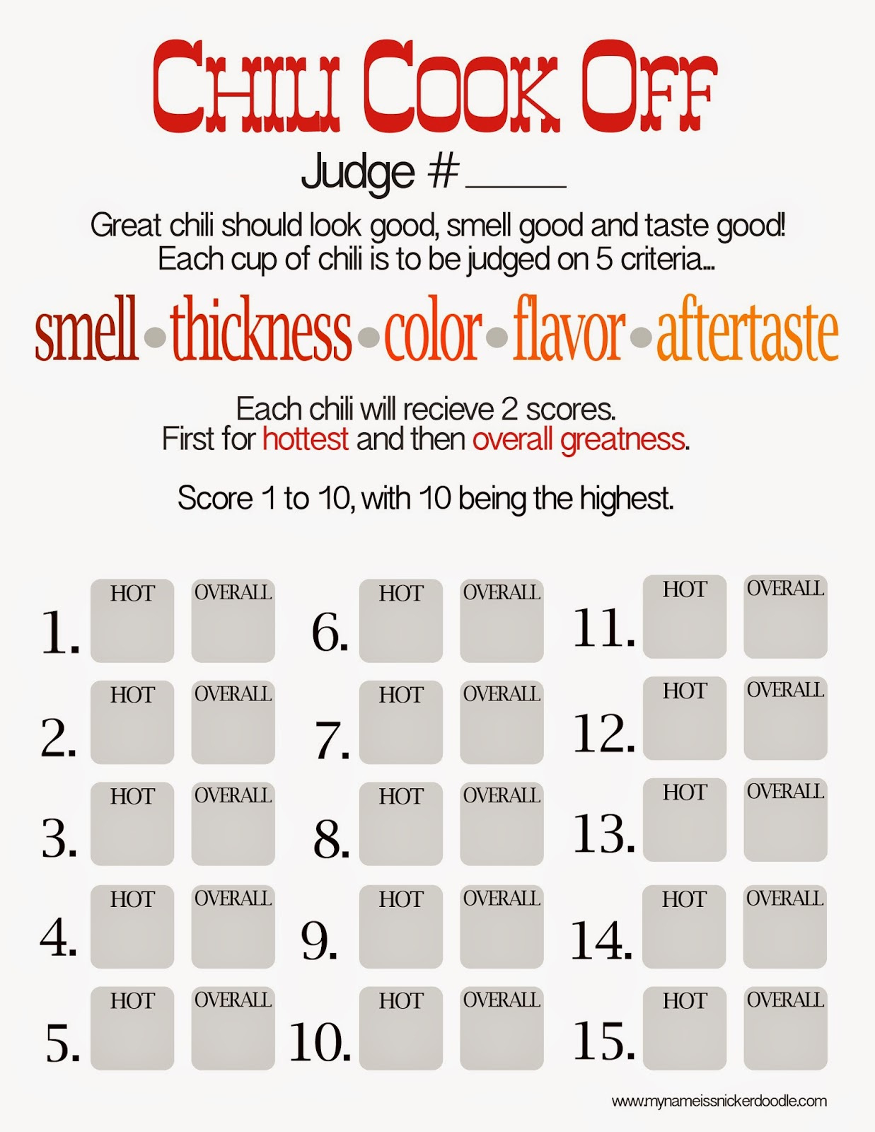 Free Chili Cook Off Score Card - My Name Is Snickerdoodle intended for FREE Printable Chili Judging Sheet