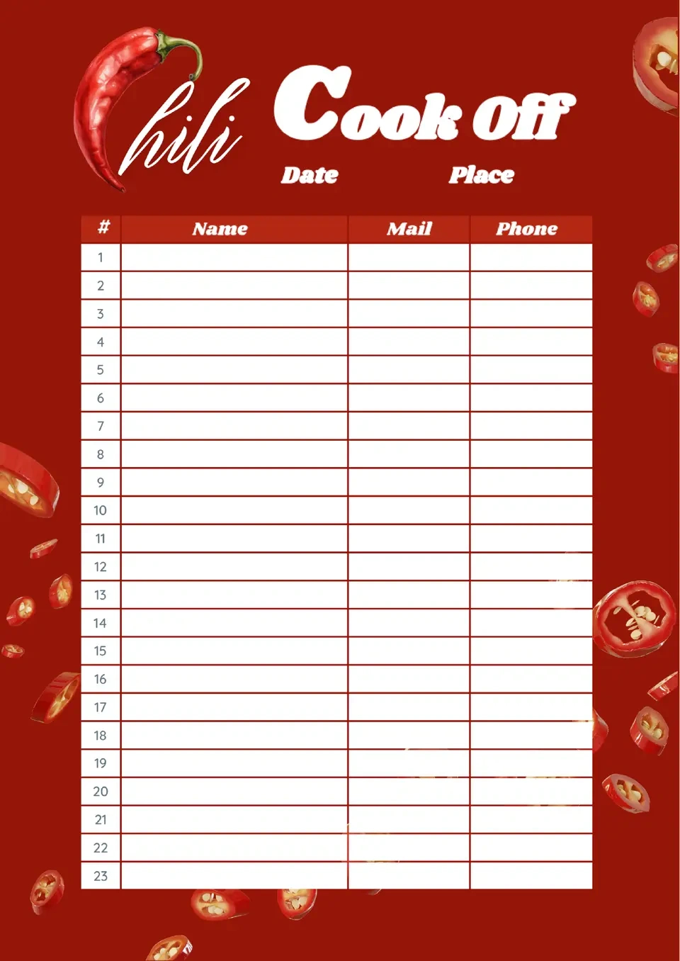 Free Chili Cook Off Sign Up Sheet Template For Google Docs within FREE Printable Chili Cook Off Sign Up Sheet