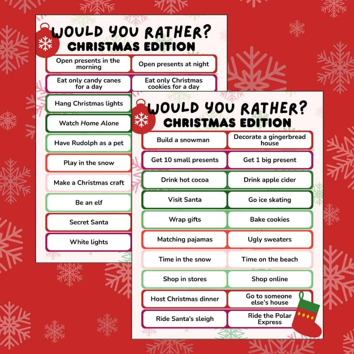 Free Christmas Would You Rather Questions Printable for Free Printable Christmas Icebreaker Games