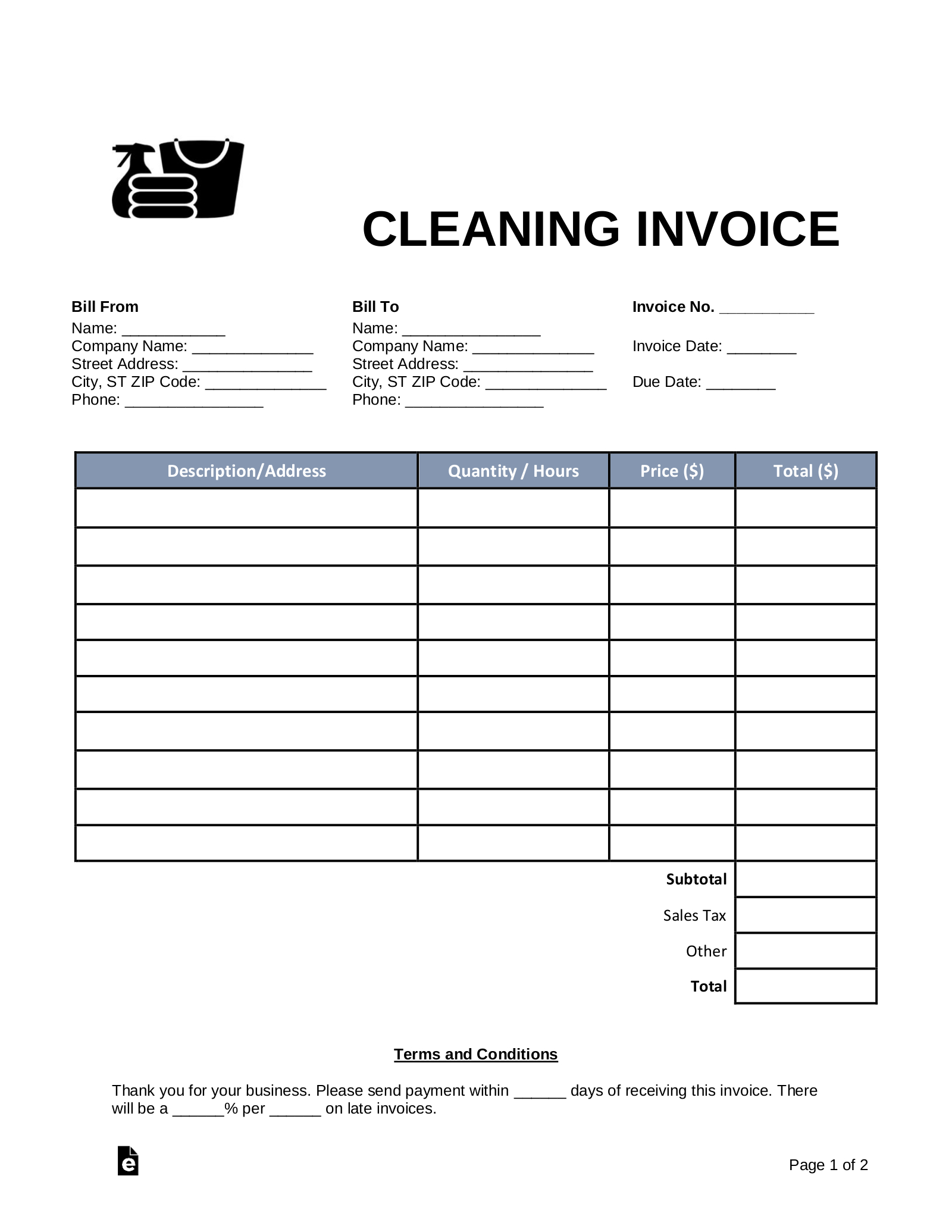 Free Cleaning (Housekeeping) Invoice Template - Pdf | Word – Eforms throughout Free Printable Cleaning Invoice Template