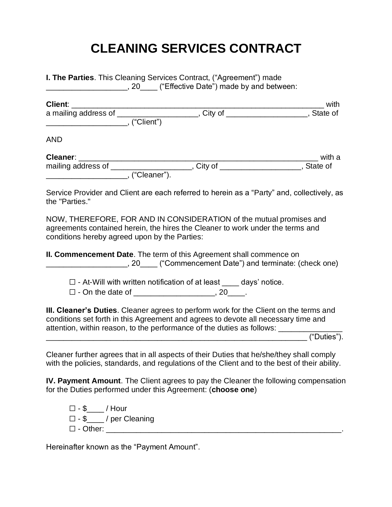 Free Cleaning Service Contract Template - Pdf | Word – Eforms intended for FREE Printable Cleaning Contract Template Word