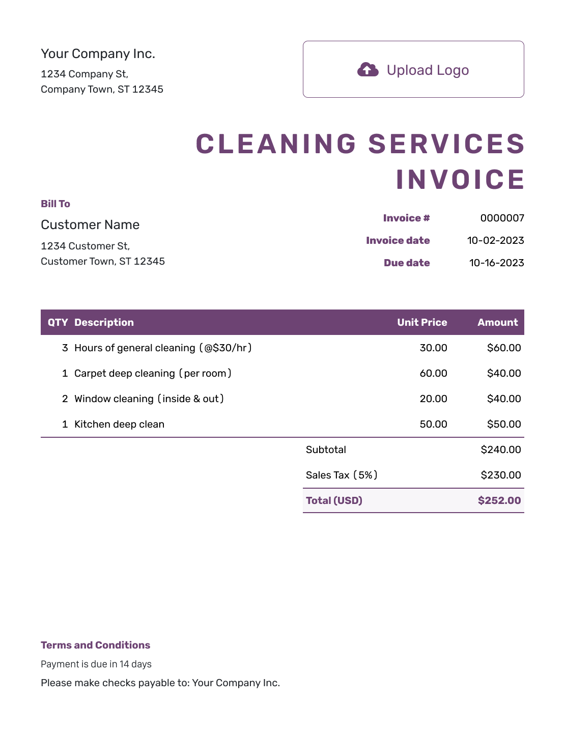 Free Cleaning Services Invoice Template | Docelf with regard to Free Printable Cleaning Invoice Template