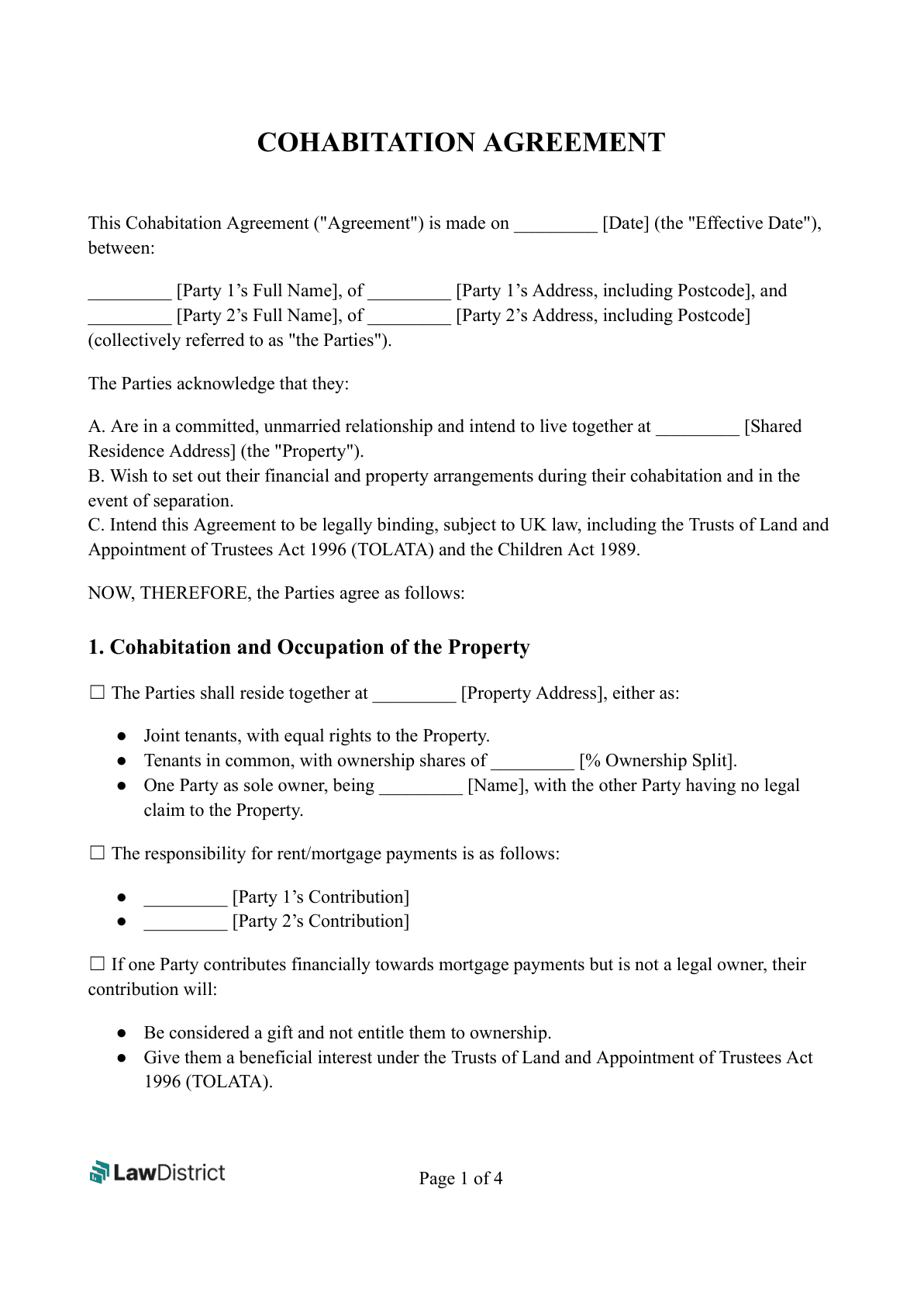 Free Cohabitation Agreement Form Uk | Pdf &amp;amp; Word | Lawdistrict intended for Free Printable Cohabitation Agreement Template
