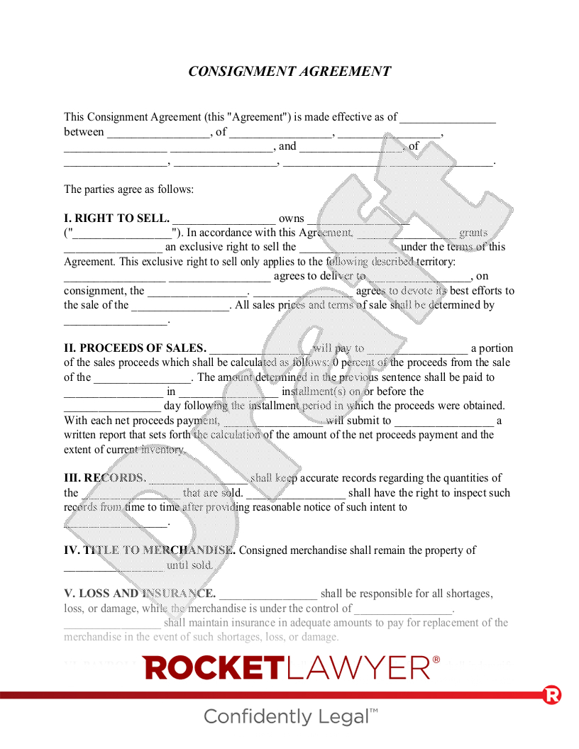 Free Consignment Agreement Template &amp;amp; Faqs - Rocket Lawyer in FREE Printable Consignment Agreement Form