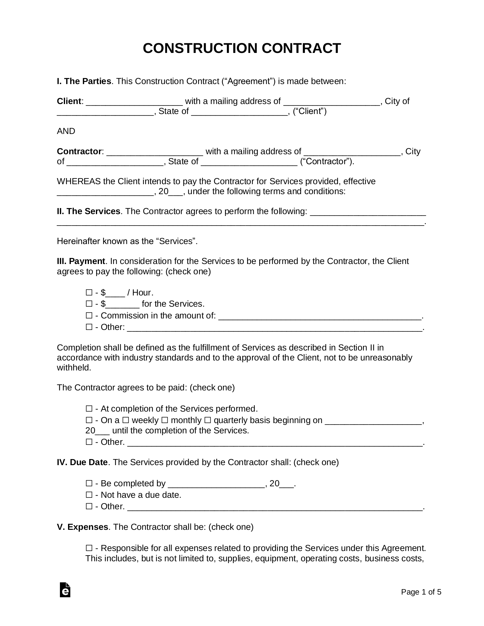 Free Construction Contract Template | Sample - Pdf | Word – Eforms within Free Printable Construction Contracts Forms