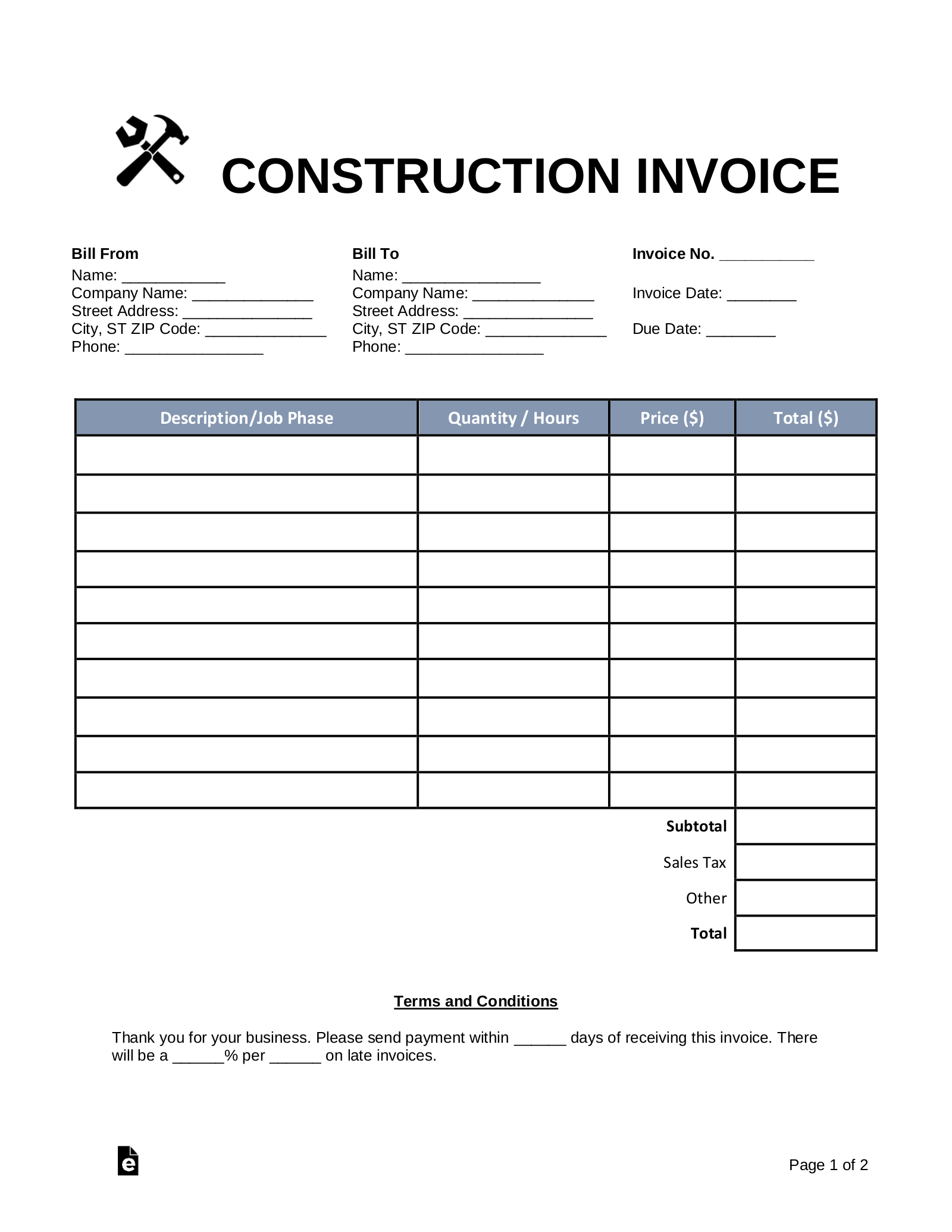 Free Construction Invoice Template - Pdf | Word – Eforms in Free Printable Construction Invoice Template